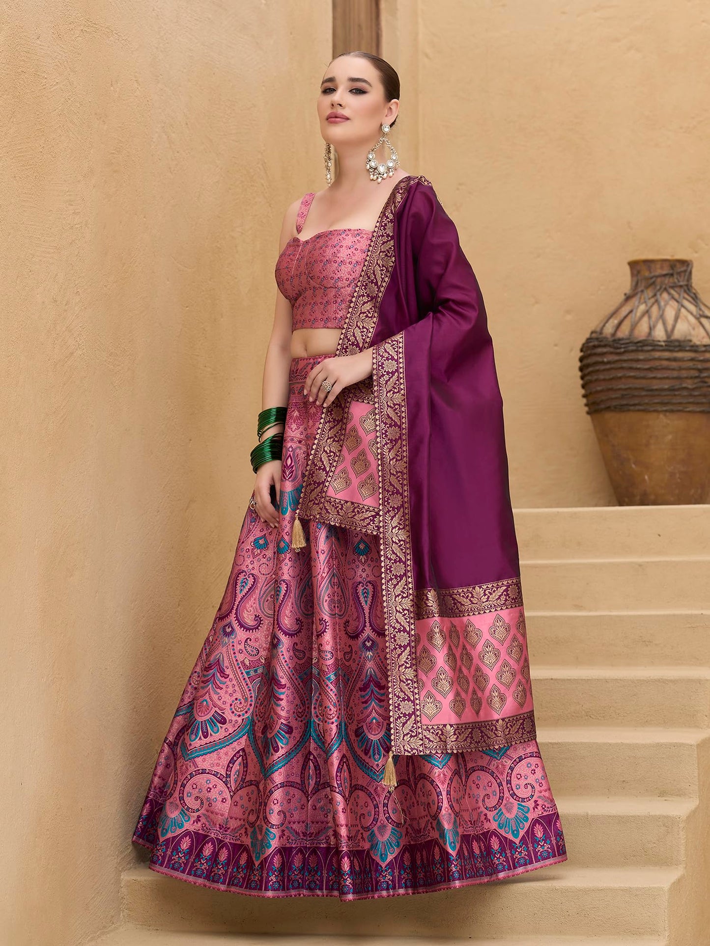 PURVAJA Women's Kanjiwaram Semi-Stitched Lehenga choli (Lazya-Pink_Free Size)
