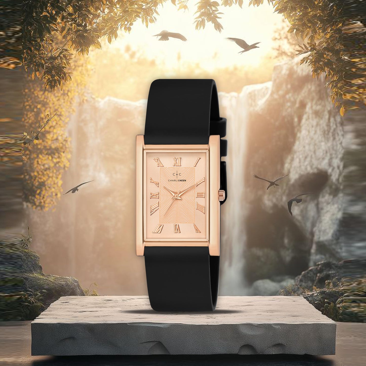 CHARLIEKEEN Slim Analogue Watch, Black Dial, Leather Strap (Rose Gold)