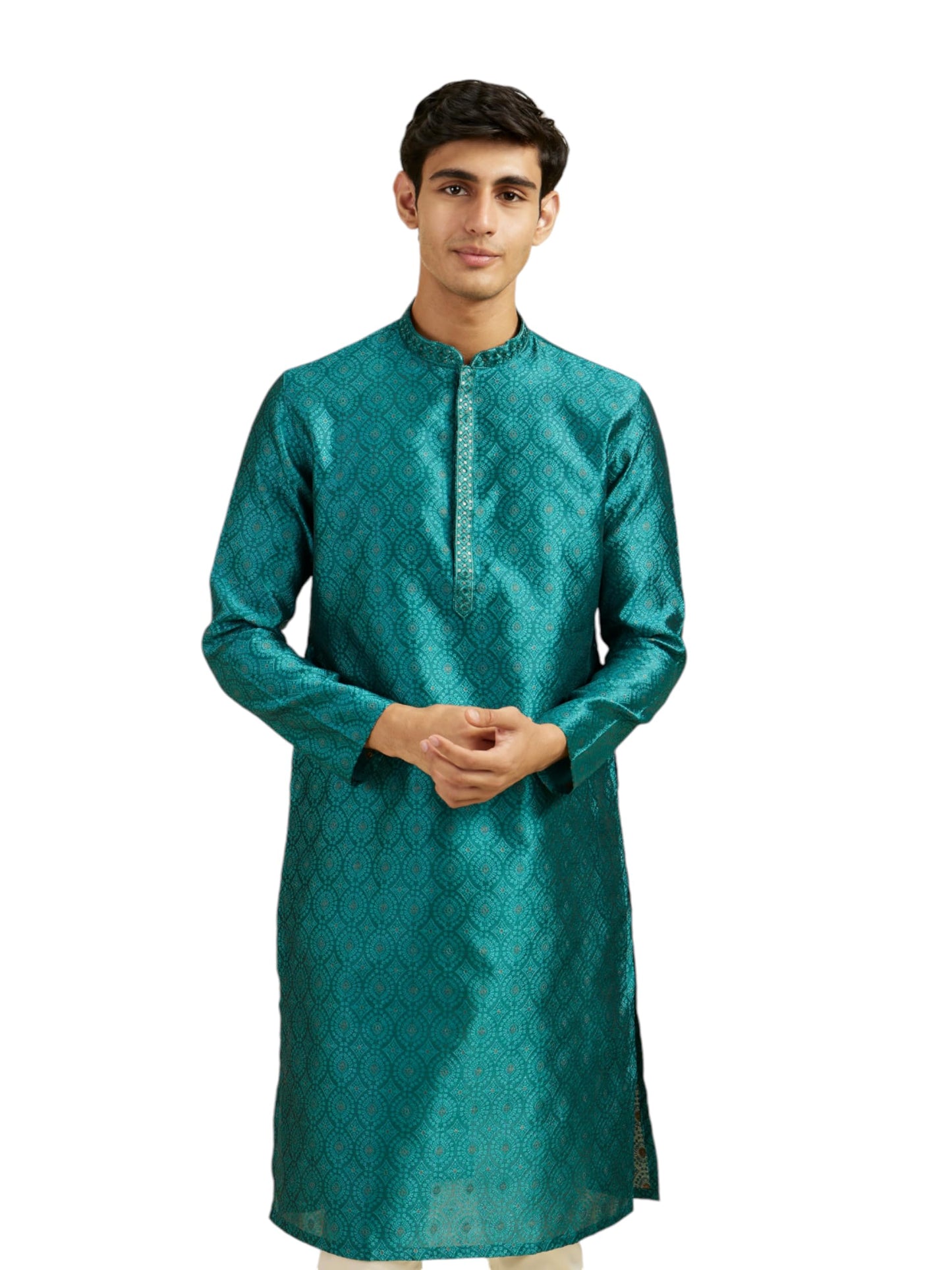 DIWAS BY MANYAVAR Men's Art Silk Jacquard| Self Design Kurta (Teal Green,XXXL)