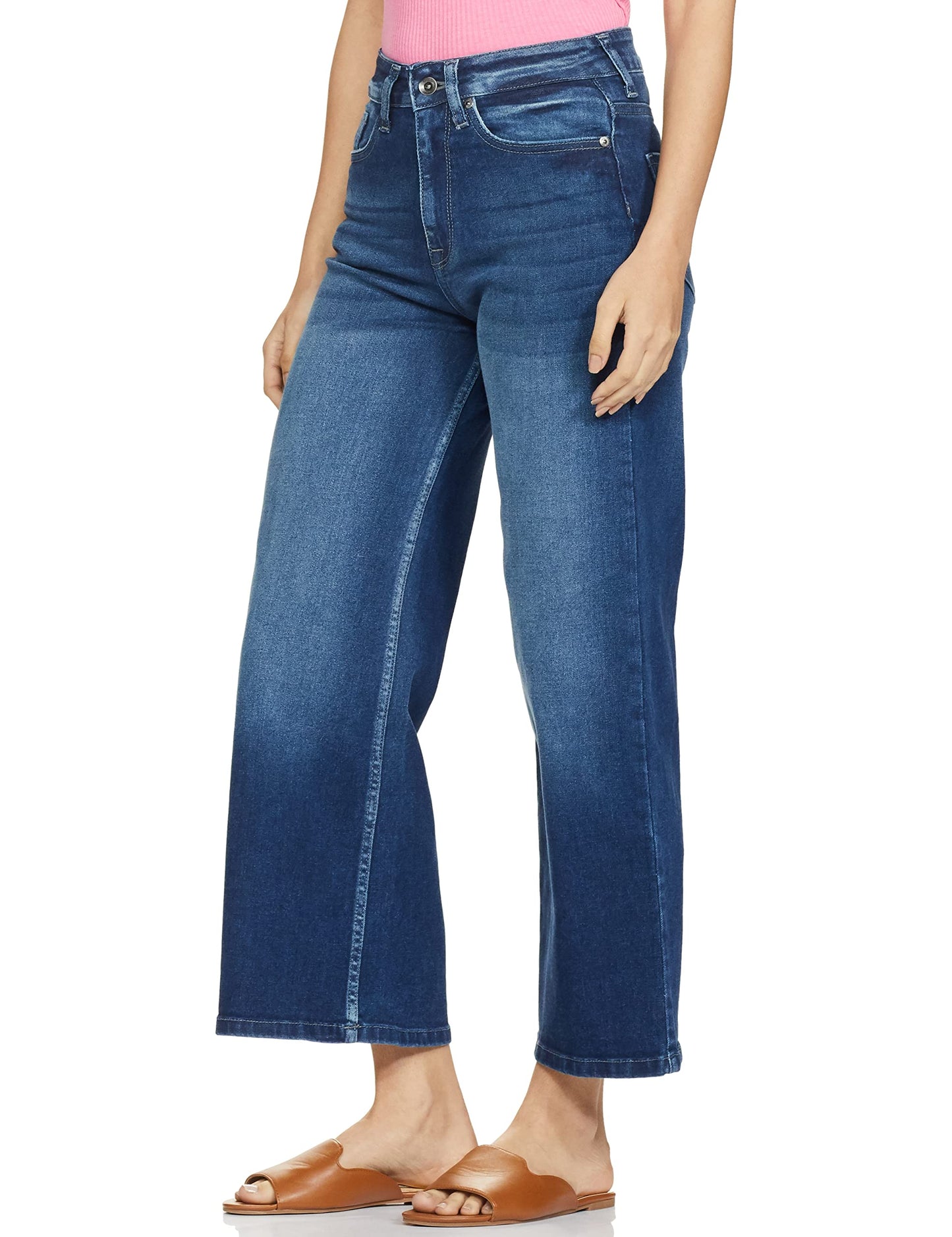 Pepe Jeans Women's High Rise Wide Leg Fit Jeans Dark Used,Blue