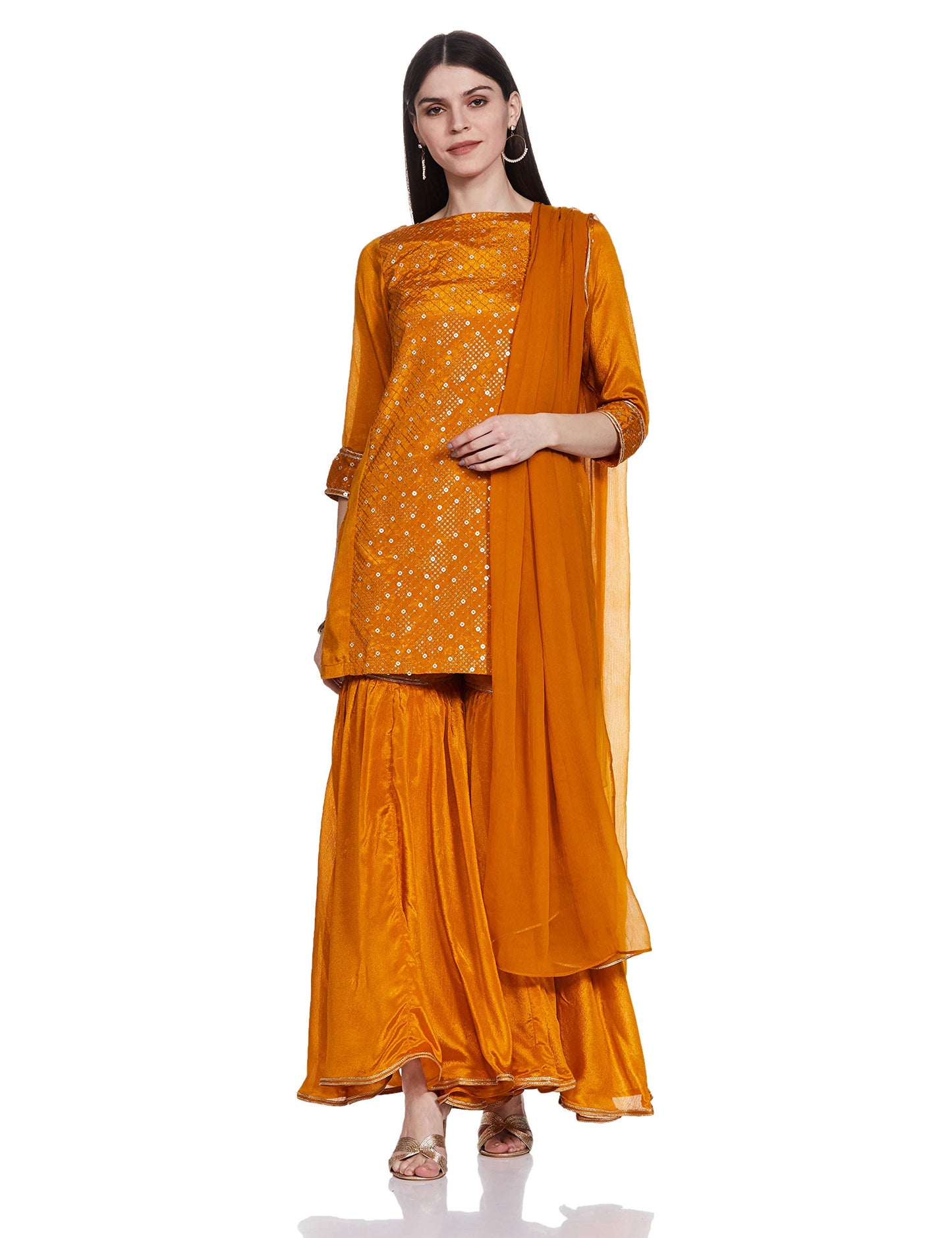 BIBA WOMEN EMBROIDERY FLARED SALWAR KURTA DUPATTA(SKDEMBROIDE6814_OCHRE_34)