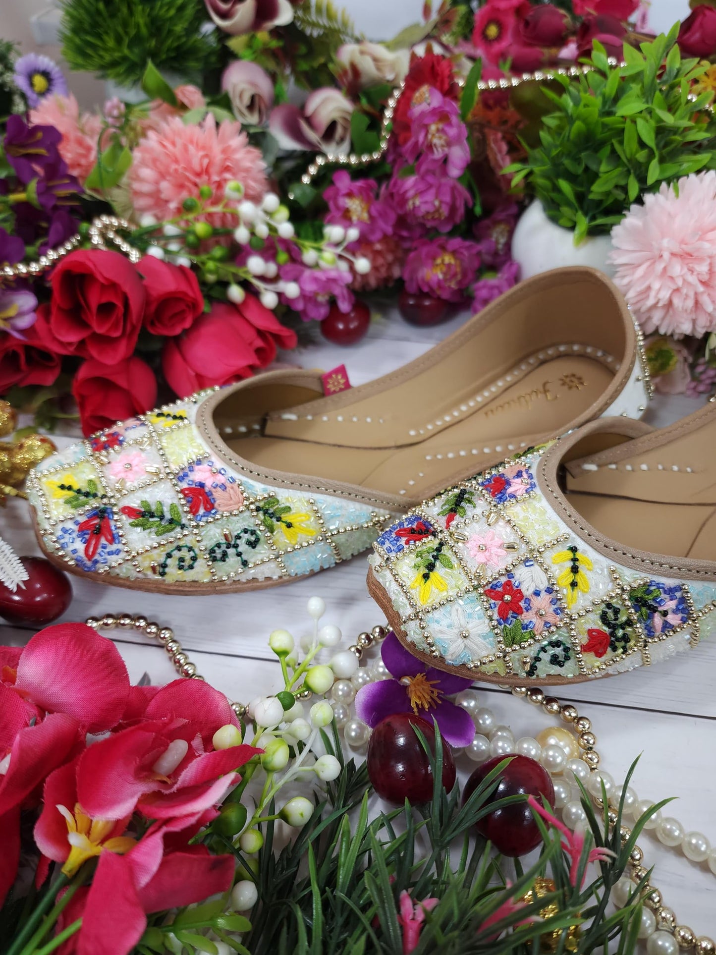 Fulkari Women Paradise Gold Multi Formal Genuine Soft Leather Jutis | Bite and Pinch Free Juttis | Punjabi Jutti | Girl's Wedding Flat Ladies Mojari Ethnic Juti |