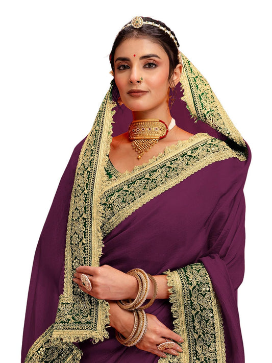 SIRIL Women's Vichitra Silk Sequins Embroidery Lace Saree With Unstitched Blouse Piece(5015S3584_Dark Purple)