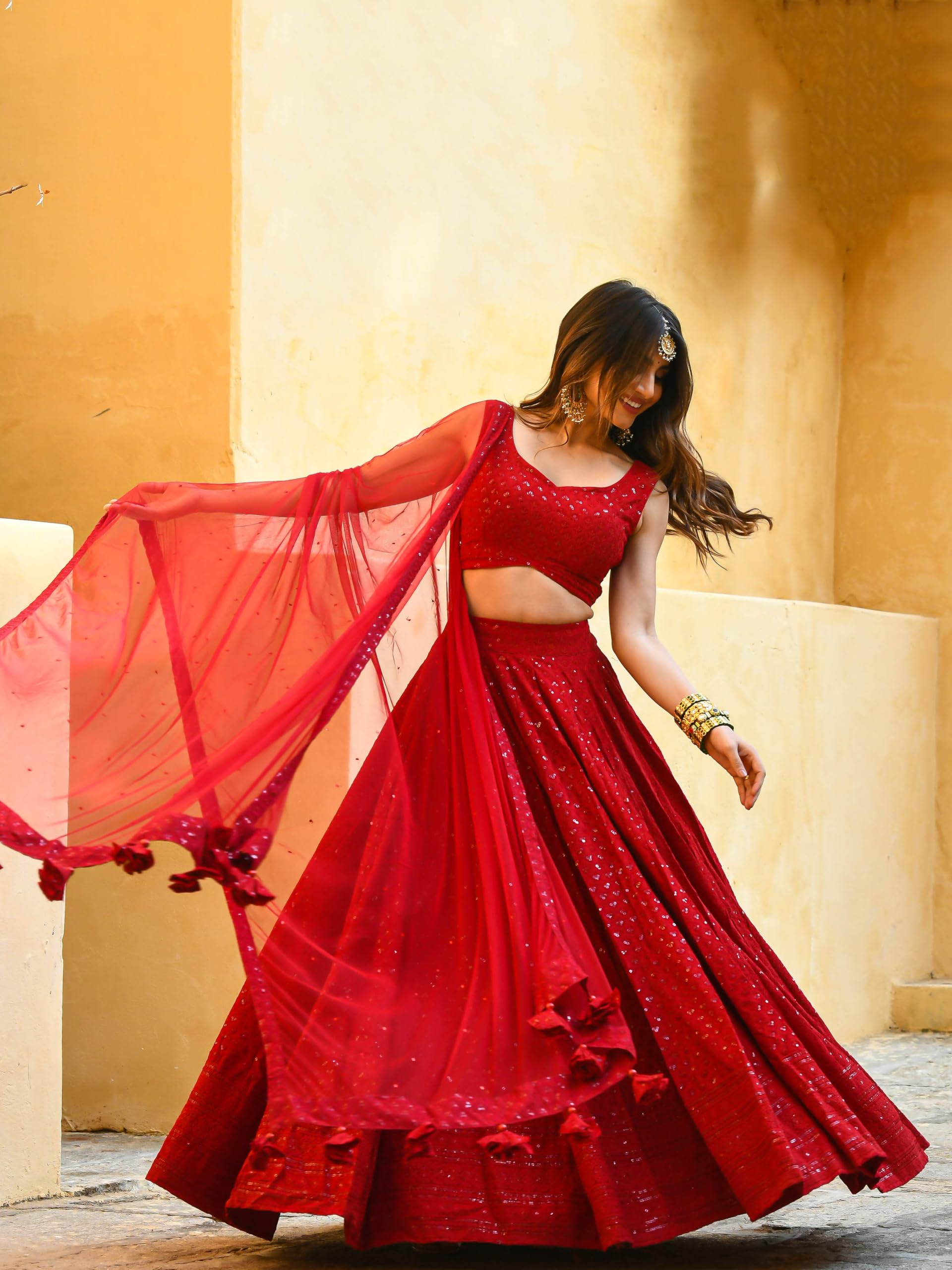 Zeel Clothing Women's Georgette Semi-Stitched Lehenga Choli Red
