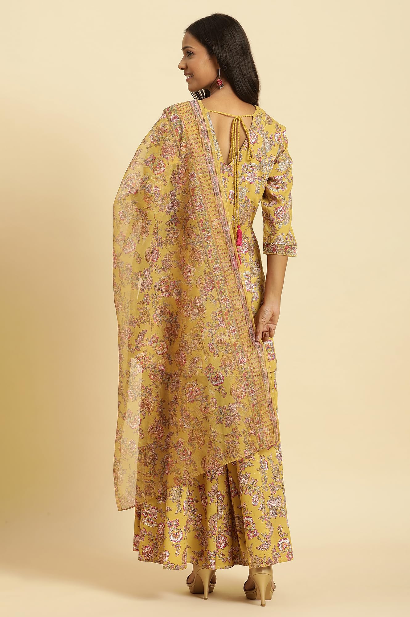 W for Woman Yellow Floral Printed Short Flared Kurta, Sharara And Dupatta Set (Size: 2XL)-23AUWS19717-121051