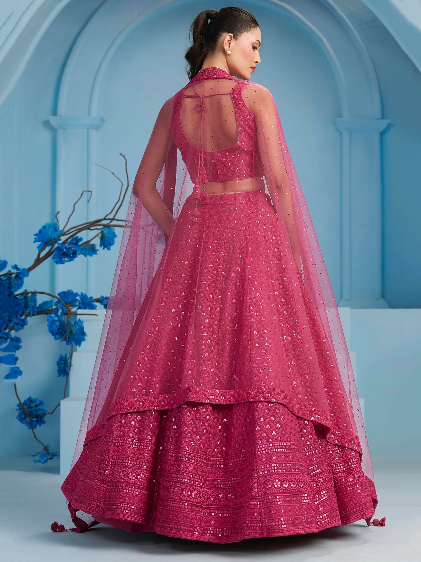 Zeel Clothing Women's Sequins Thread Embroidered Georgette Lehenga Choli With Dupatta (5124-Pink-Women-Lehenga-Choli-New; Free size) (Pink)