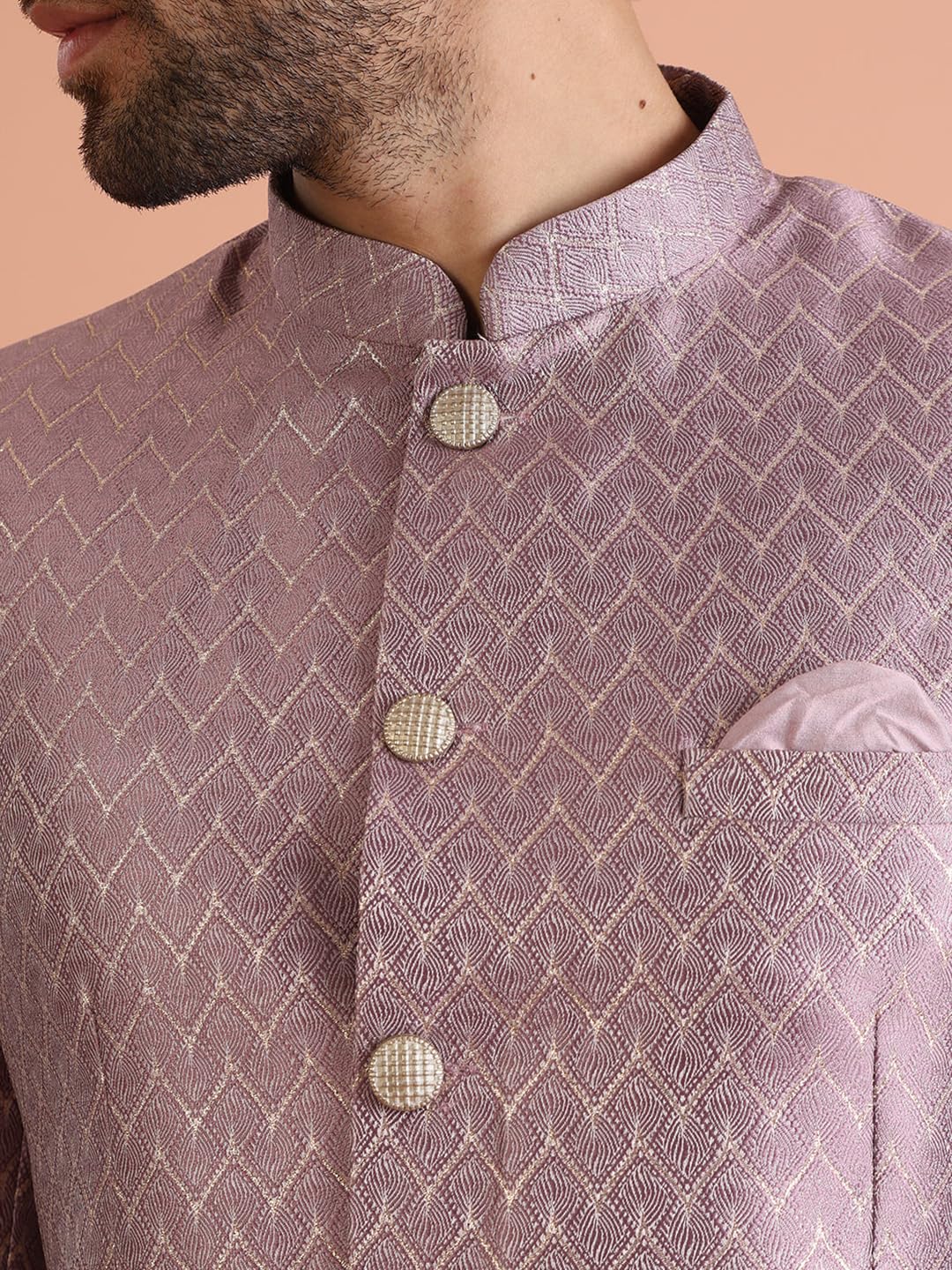 KISAH Men’s Bandhgala & Trouser Set – Textured Silk Blend Jacquard Ethnic Suit for Men – Regular Fit Wedding & Festivals – Dry Clean Only, Lilac, 40