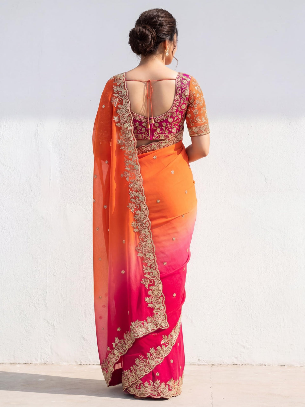 Amazon Brand - Tavasya Orange Pink Fendy Satin Silk Saree with Multi Sequence Embroidery Work | Heavy Embroidered Wedding Party look Saree with Running Blouse Piece