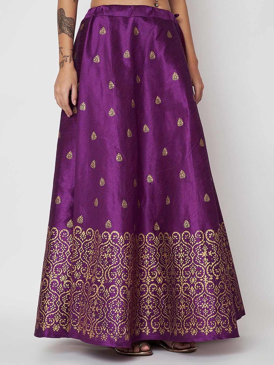 studio rasa Women's Dupion Hand Block Printed Bias Skirt for Wedding Festive Party (SKTC52403L_Purple_Large)