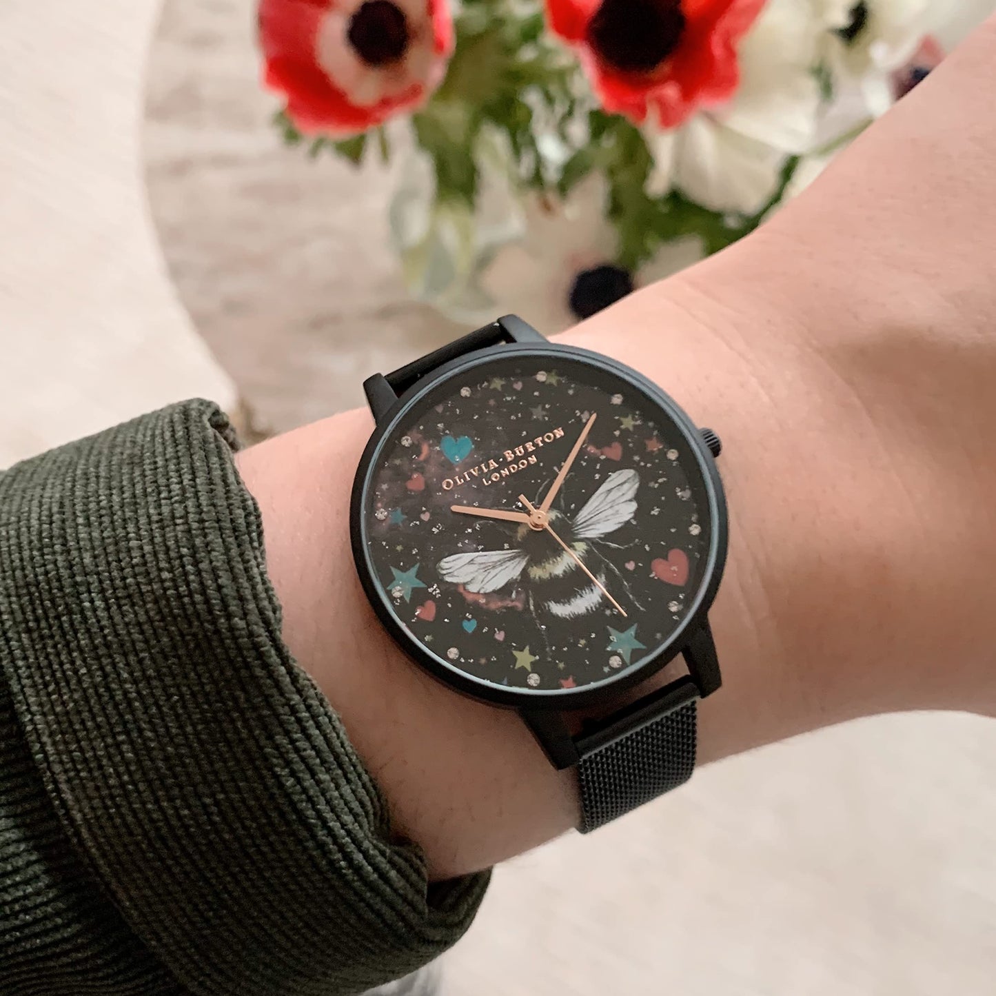 Olivia burton Night Garden Quartz Slim White Mother of Pearl 3D Print Stone Dial for Women's Watch - OB16WG87