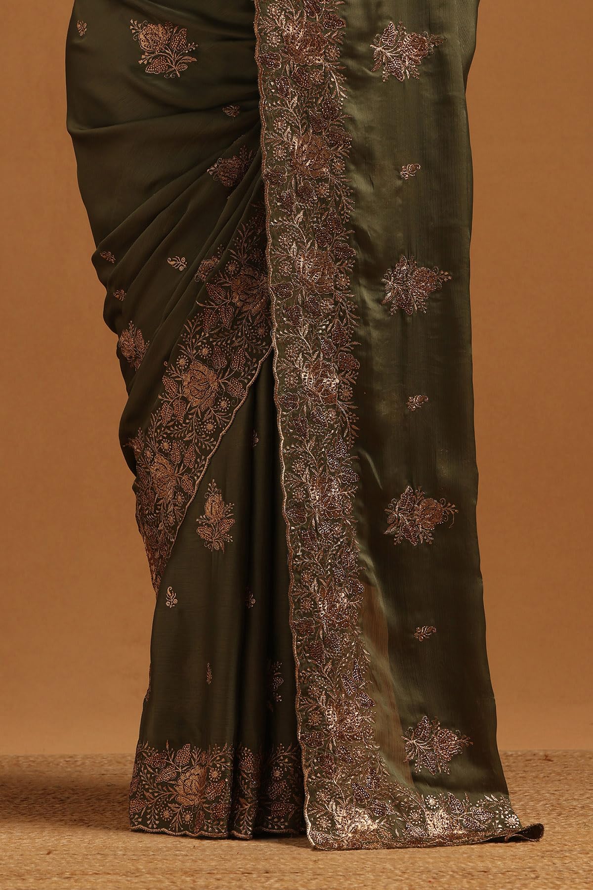 Soch Womens Green Fendy Chiffon Floral Saree With Stone Work