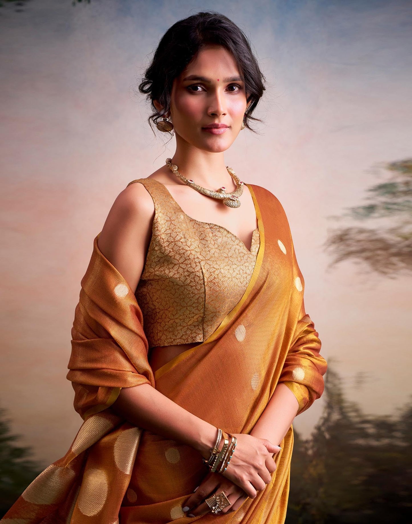 SWORNOF Gold-Toned Woven Design Tissue Saree With Unstitched Blouse Piece (ORANGE)