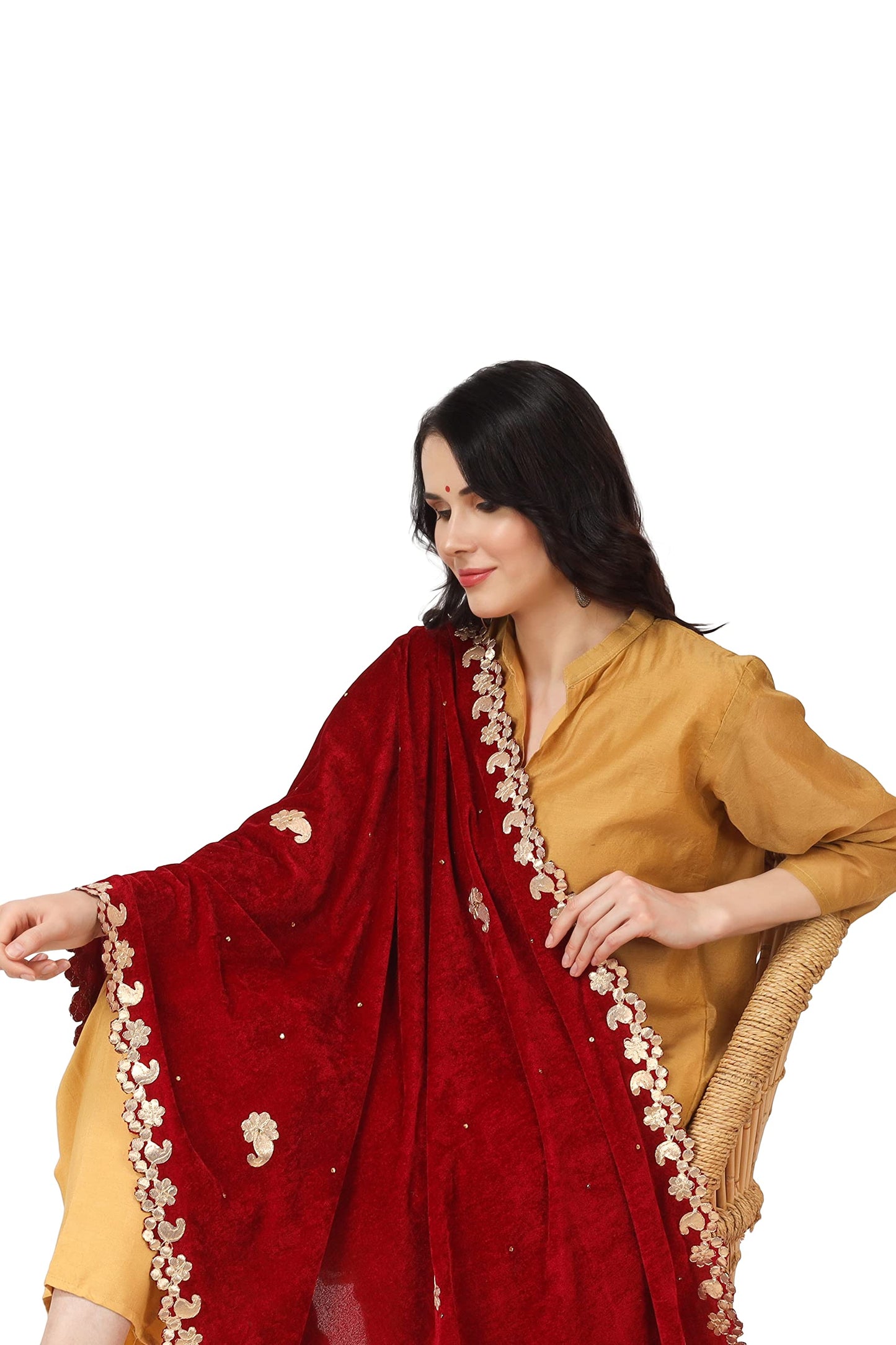 A R Silk Women's Maroon Velvet Stone Work & Four Side Gotta Patti Work With Gotta Patti Lace Fancy Dupatta(ARS0746)