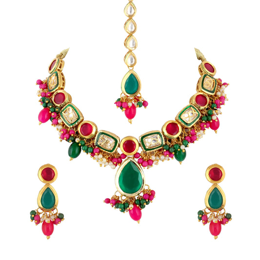 Lucky Jewellery Womens Meenakari 18k Gold Plated Multi Color Tika Earring Combo Uncut Big Faux Kundan Choker Necklace Set (911-J5SK-1817-RG)