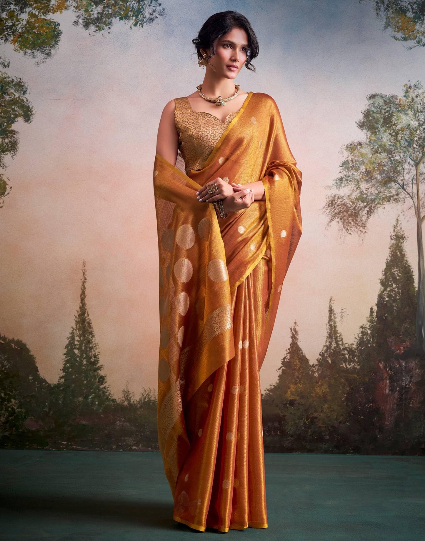 SWORNOF Gold-Toned Woven Design Tissue Saree With Unstitched Blouse Piece (ORANGE)