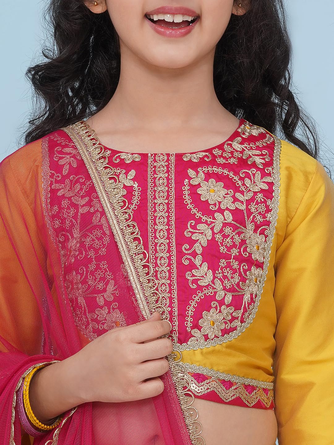 Bitiya by Bhama Girls Boho Design Yellow Pink Embroidered Choli & Ready to Wear Lehenga With Dupatta.