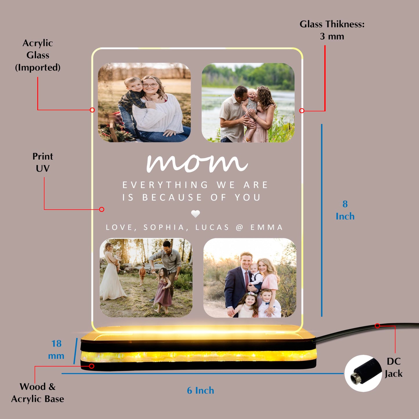 DECOCRU Personalized Gift for Mom, Mother | Customised Gifts for Mom | Night LED Lamp, Table Lamp | Acrylic LED Lamp with Name | Gift for Birthday, Mother's Day, Acrylic Plaque