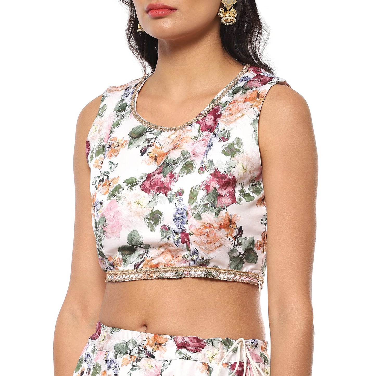 BIBA Women's Off White Cotton Blend Lehenga Set