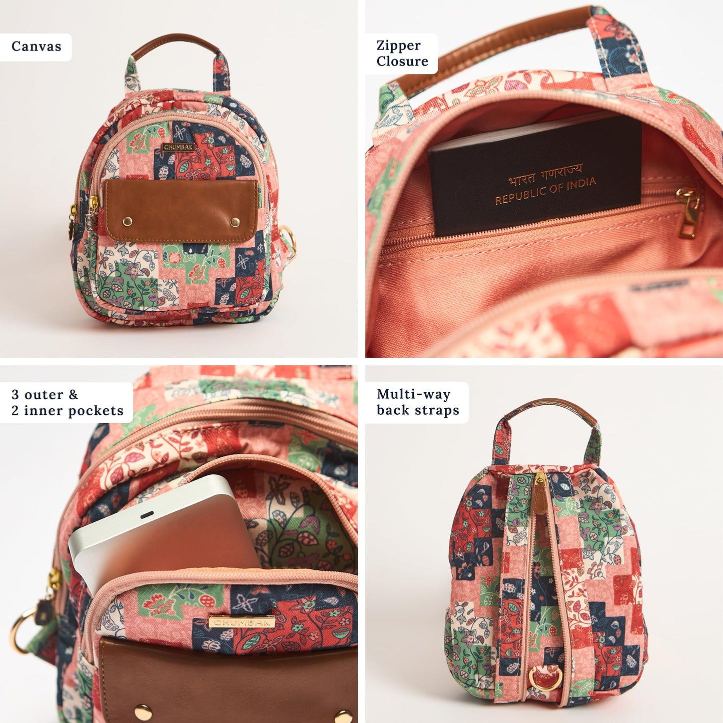 Chumbak Raasta Mini Backpack - Batik Patch Print, Digital Nomad, Stylish Small Bag Crossbody Handbag Bags for Women and Girls, Mobile Phone Bag, Ladies Purse