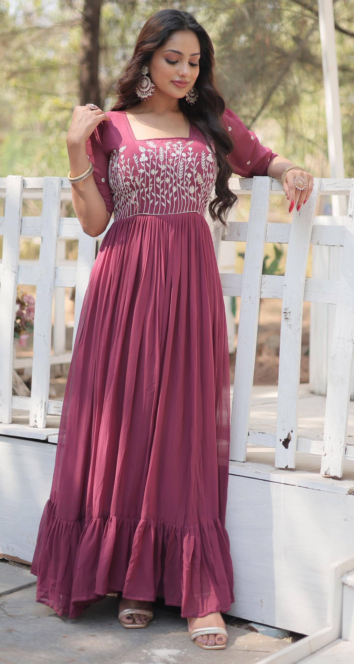 Fashion Basket Georgette Anarkali Gown with Sequins and Embroidery for Women with Long Sleeves (Medium, Magenta)