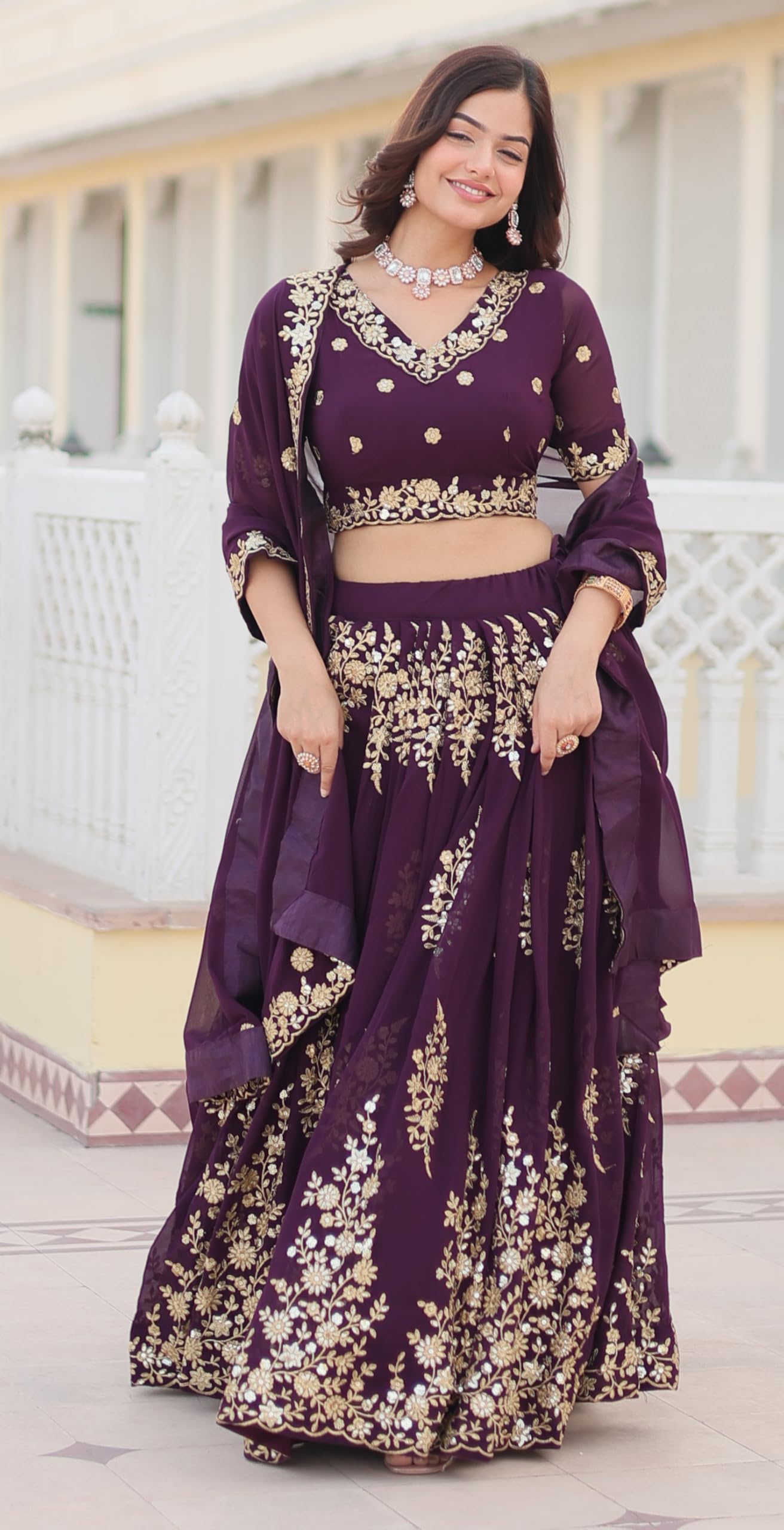 Fashion Basket Georgette Embroidery Stiched Lehenga Choli Duptta Set for Women (Wine, Free)