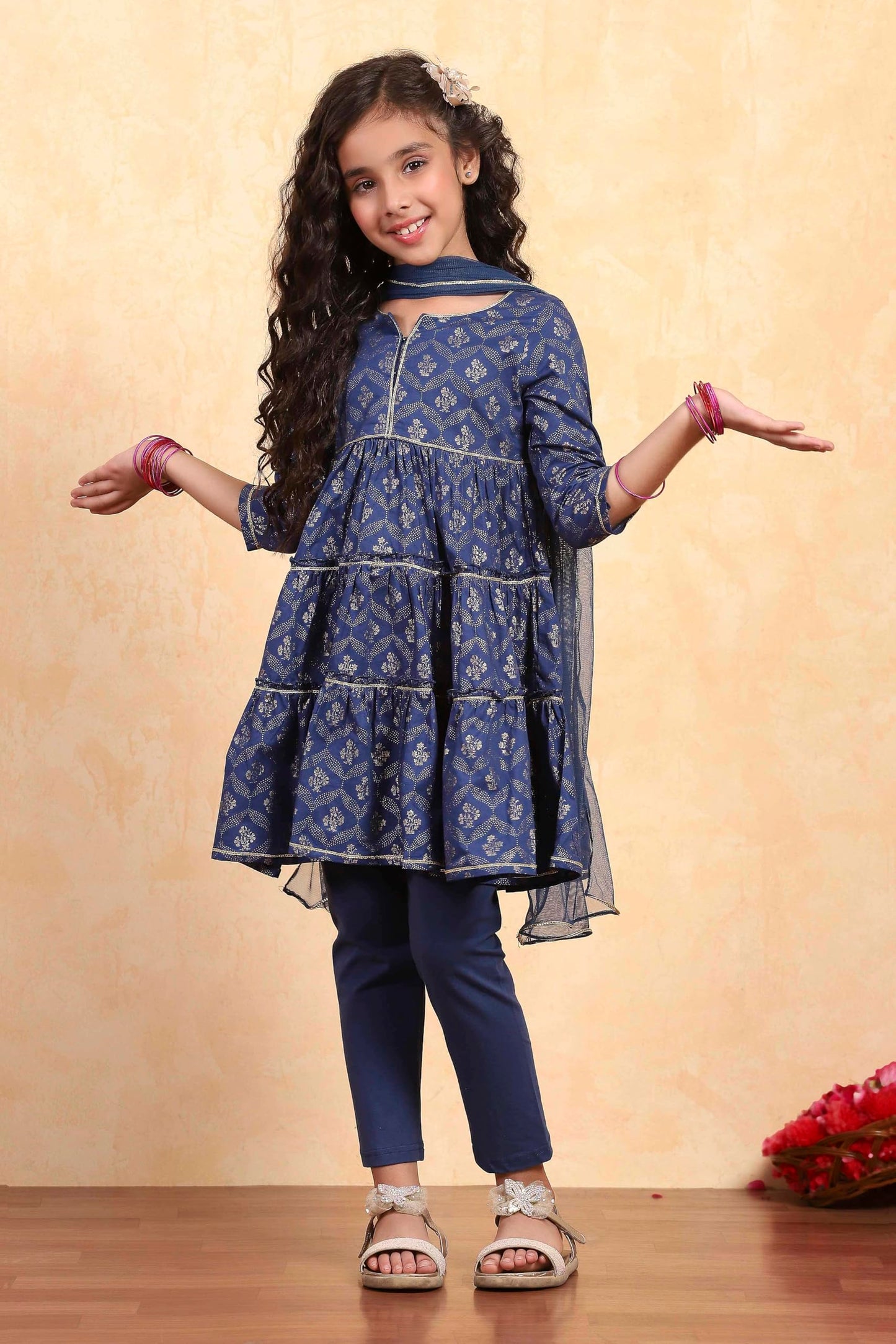 Biba Girl's Blue Cotton Tiered Printed Kurta Churidar Set
