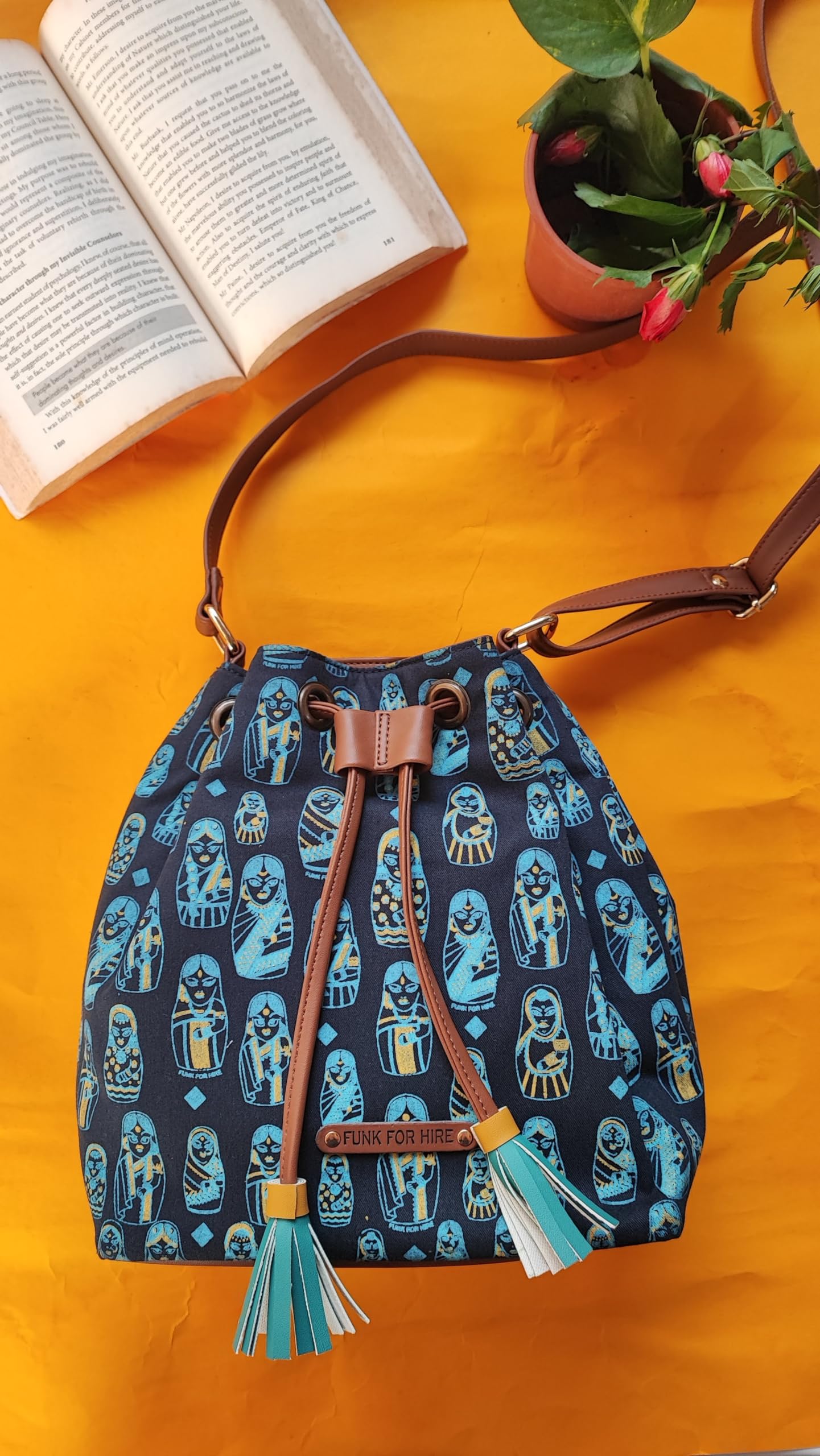 Funk For Hire Women’s Drawstring Sling Bag | Screen Printed Cotton Canvas with PU Details | Waterproof Nylon Lining | Adjustable Strap | Lightweight Handcrafted Shoulder Bag – Navy