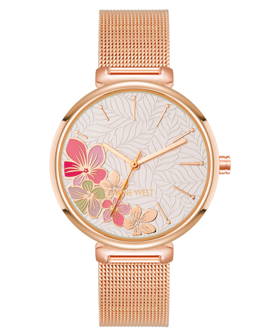 Nine West Women's Floral Dial Watch, Analog Display, Mesh Bracelet, Limited Movement, Rose Gold-Tone