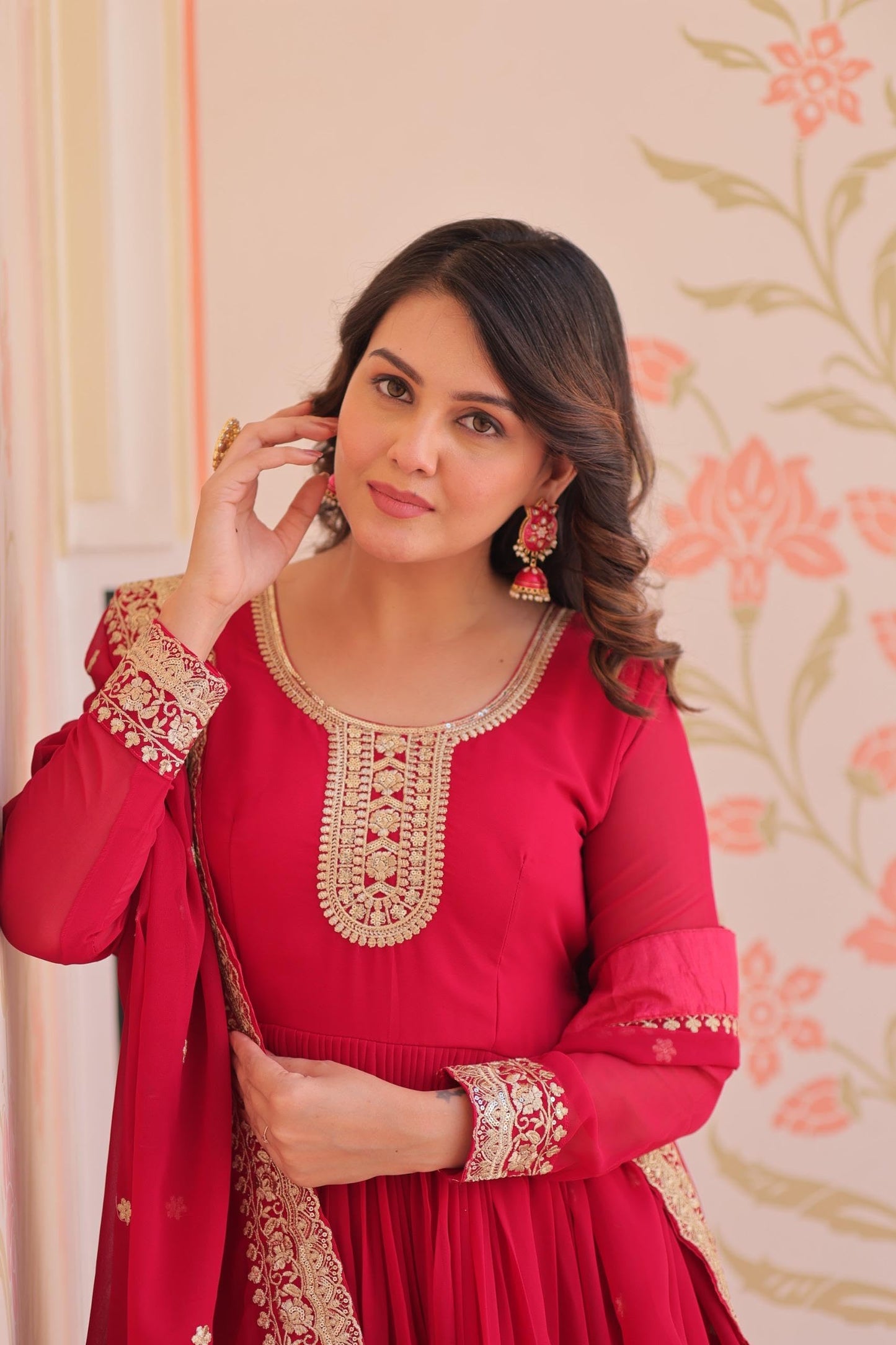 Mehervaa by vinni Red Anarkali Suit Set with Embroidered Dupatta, Long Sleeve Gown Style, Golden Zari Work, Traditional Indian Ethnic Wear (IN, Alpha, 2XL, Regular)