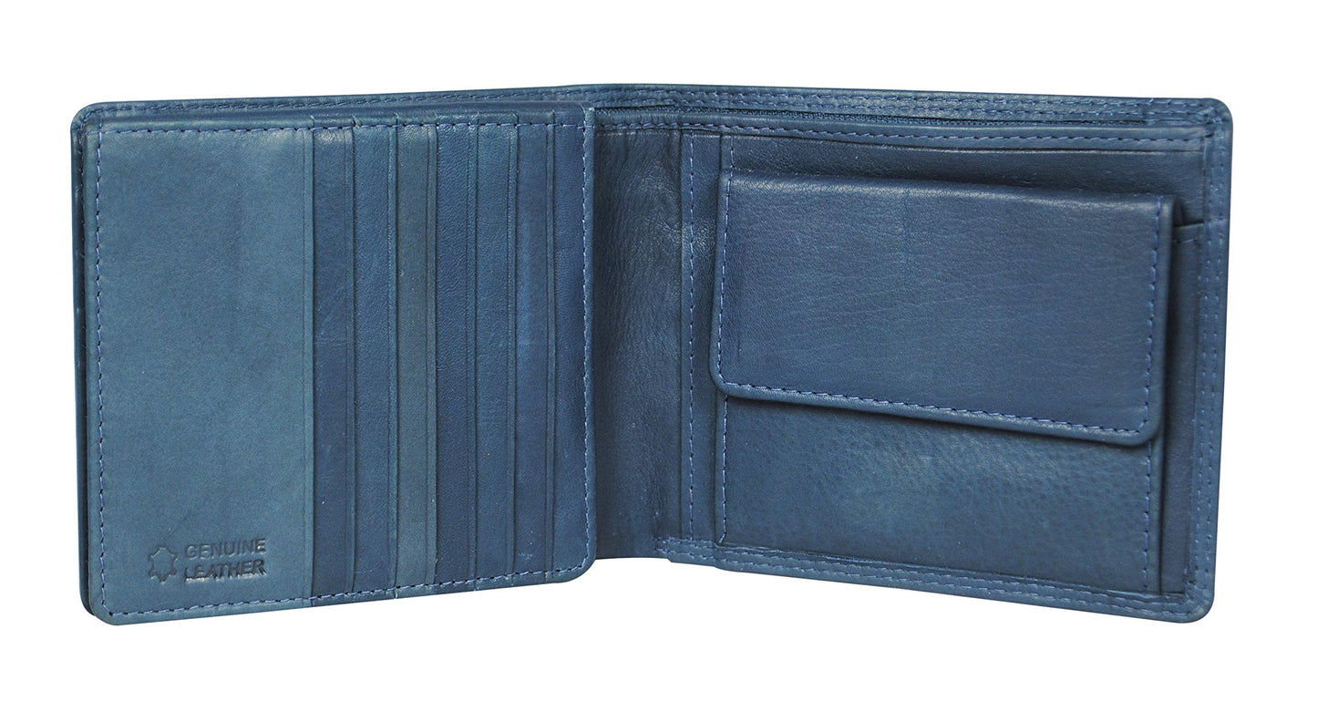 Calfnero Men's Genuine Leather Bifold Wallet-Multiple Card Slots ID Window with Coin Pocket-Navy Leather Wallet