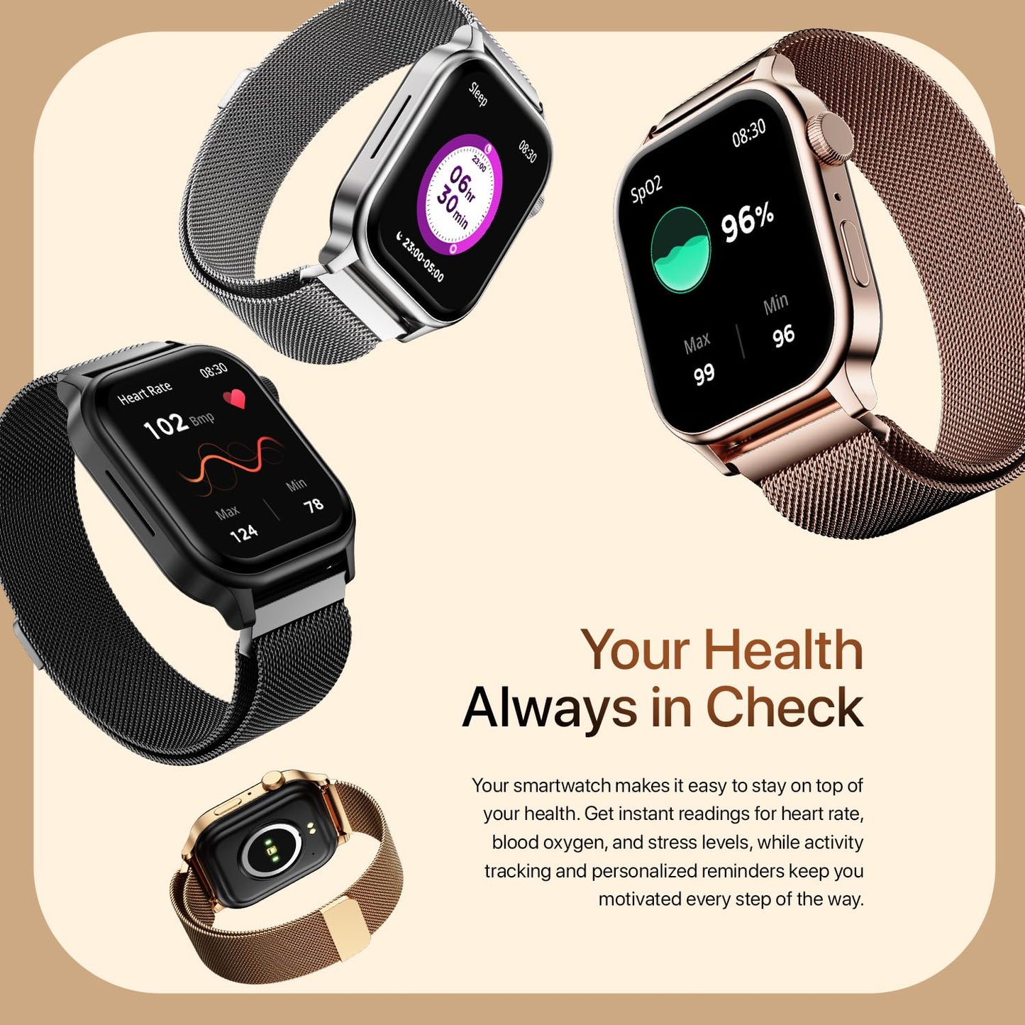 Fire-Boltt Rise Smart Watch, 1.85" HD Display, Metal Body with Bluetooth Calling, Rotating Crown, AI Voice Assistant, 120 Sports Modes, Neon UI, SpO2 & Heart Rate Monitoring (Gold Millanese)