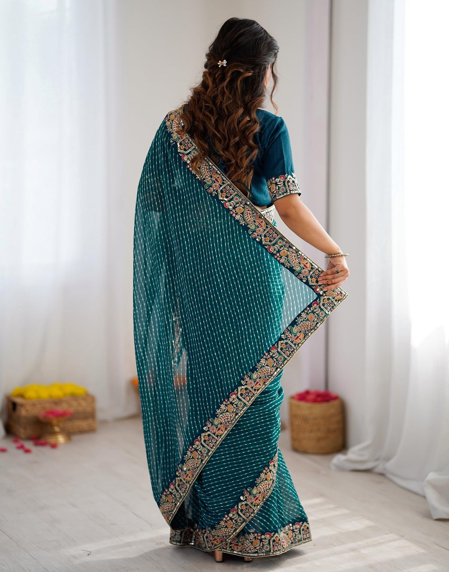 SIRIL Women's Georgette Leheriya Printed Sequence Embroidery Lace Saree With Embroidery Unstitched Blouse Piece (4863S194_Teal Blue)