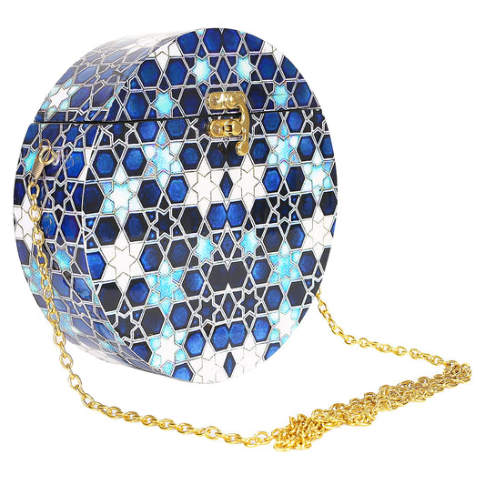 Trend Overseas Women's Wooden Printed Round Ethnic Clutch Bag/Bridal Purse/Handbag_Crossbody Sling Bags for Party (Print Design 4)