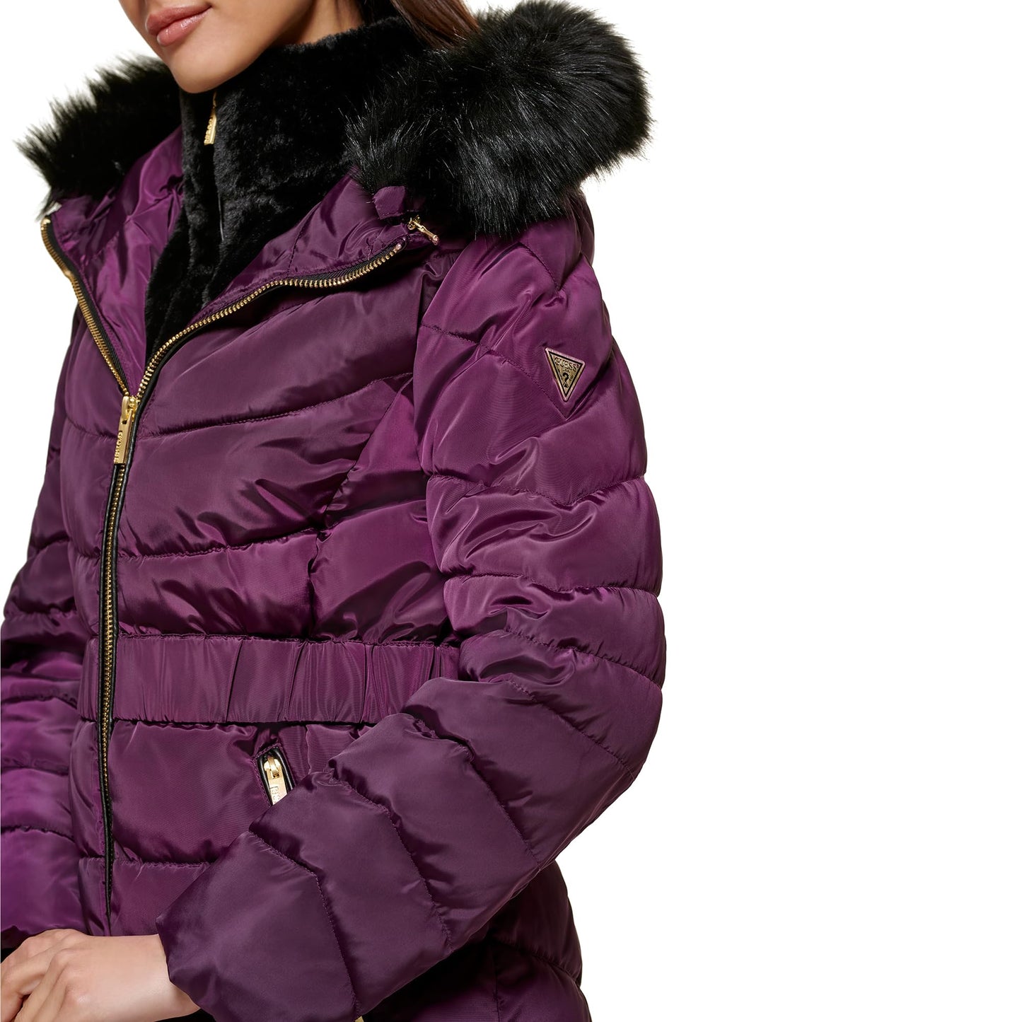 GUESS Women's Puffer Hooded Cold Weather Coat, Fur Lined Eggplant, M