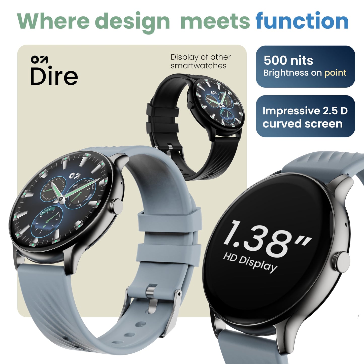 Boult GOBOULT (Formerly Newly Launched Dire Smartwatch 1.38'' 2.5D Curved HD Display, 500 Nits Brightness, IP67, 250+ Watchfaces, 120+ Sports Modes, AI Voice Assistant, SpO2 Monitoring (Denim Blue)