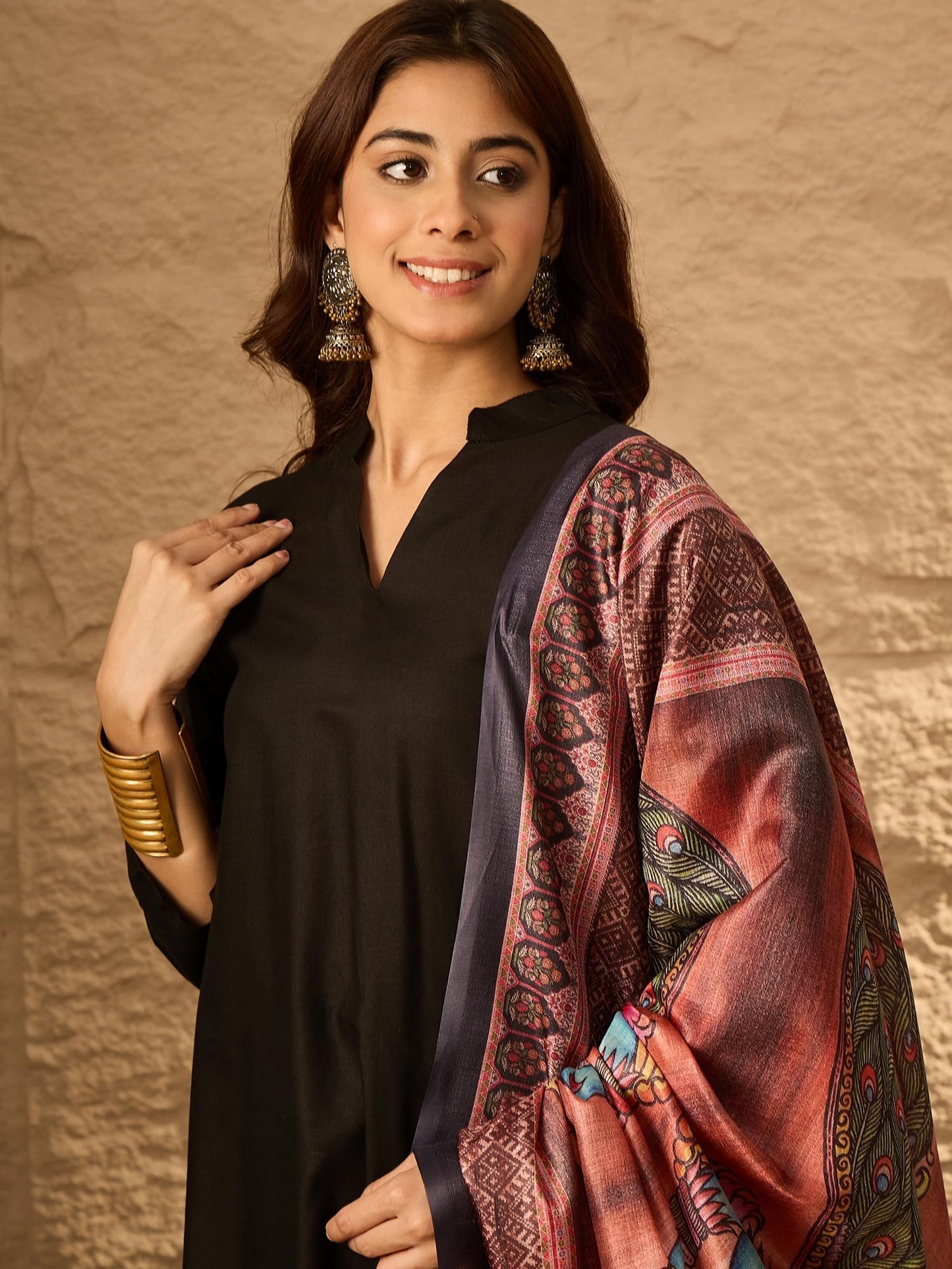 InWeave Mandarin Collar Straight Kurta with Palazzos & Dupatta