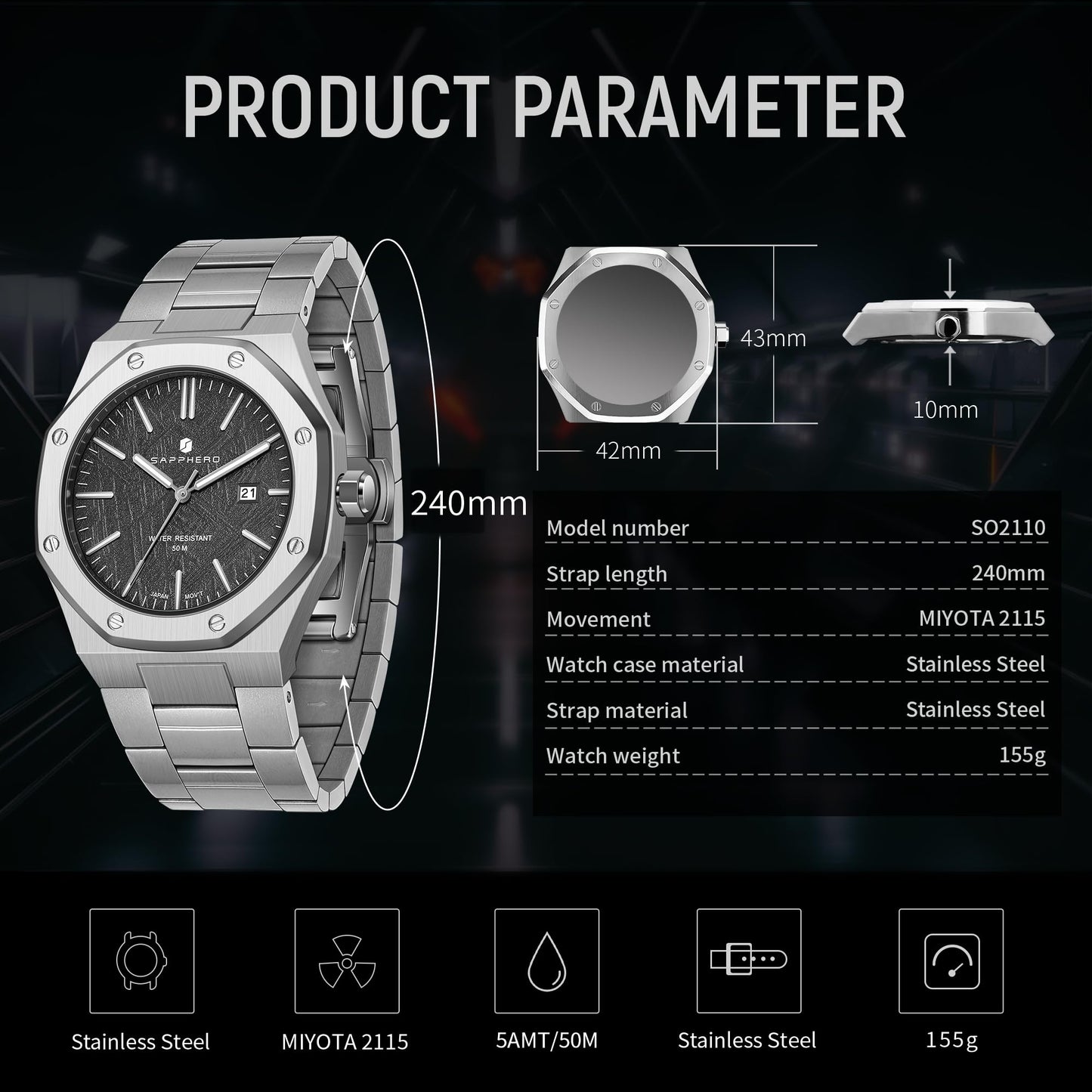 SAPPHERO Men's Watch Octagonal Stainless Steel 30M Waterproof Luminous Wristwatch Luxury Analog Quartz Watch for Men with Date Elegant Mens, Silver and black