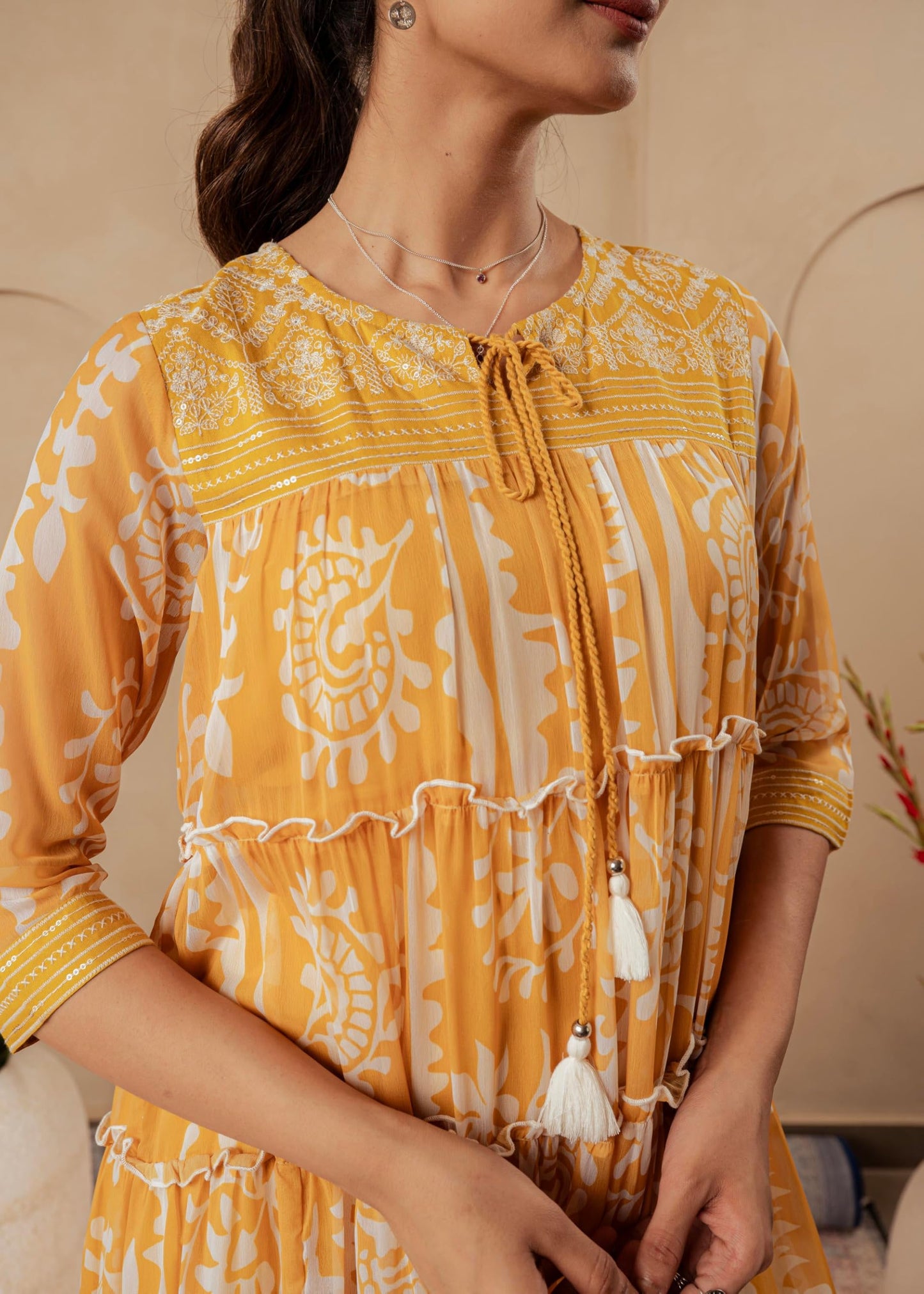 Juniper Mustard Ethnic Motifs Printed Man Made Fiber Tiered Long Dress