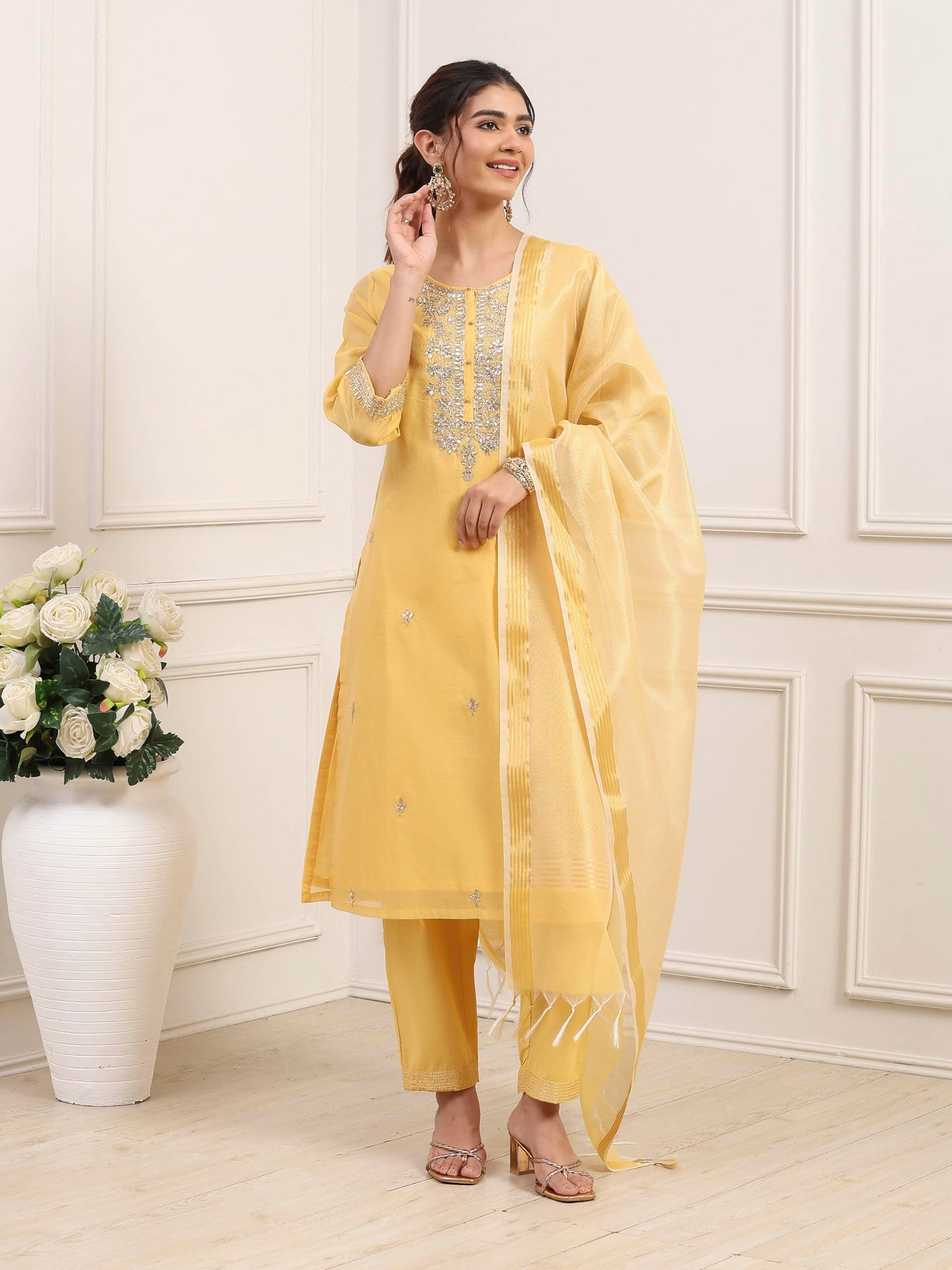 Biba Women Yellow Poly Chanderi Straight Suit Set_34