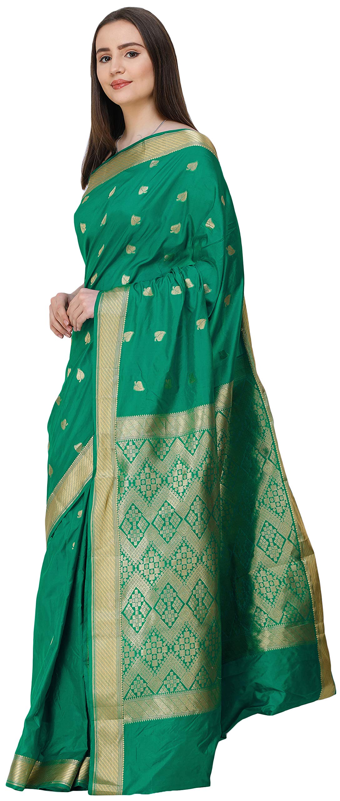 Exotic India Uppada Sari from Bangalore with Zari-Woven Leaves (Green Lake)