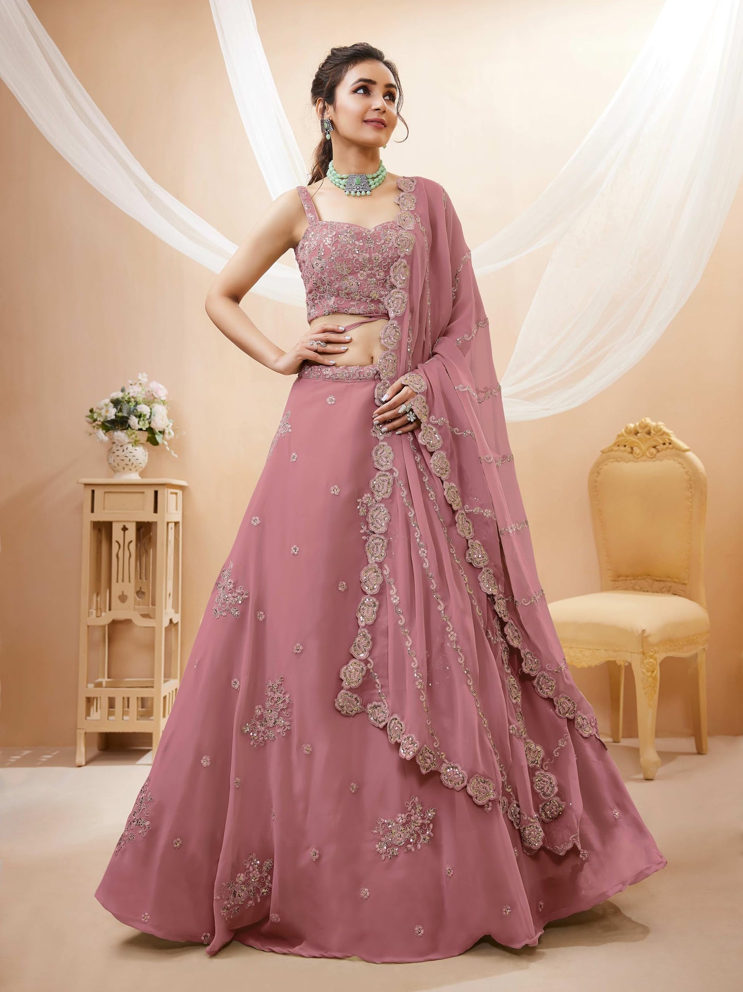 Zeel Clothing Women's Georgette Semi Stitched Lehenga Choli With Dupatta (7060-Peach-Wedding-Bridal-Stylish-Latest; Free Size)