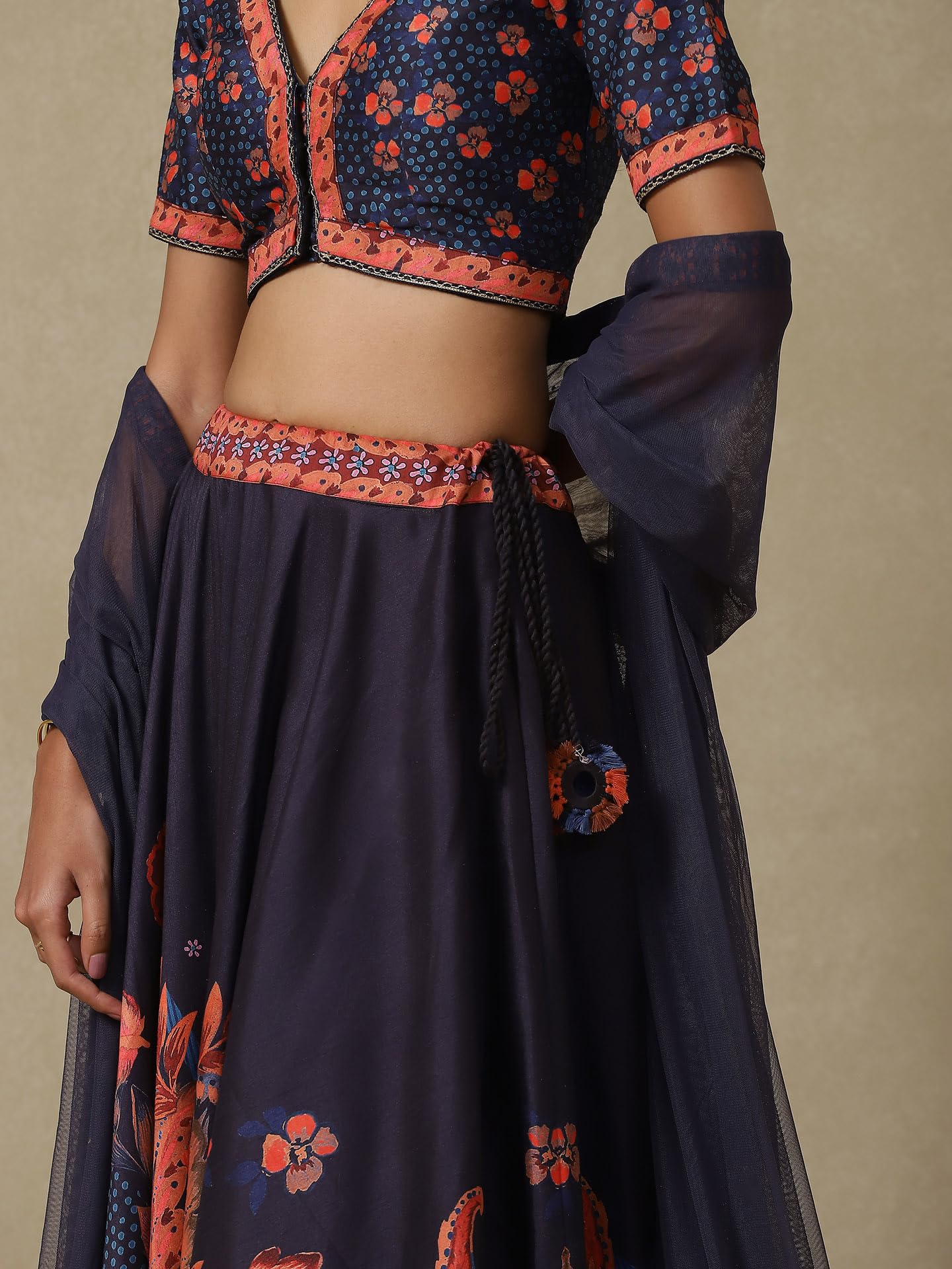 Aarke Ritu Kumar Navy FLoral Printed Lehenga With Blouse And Dupatta