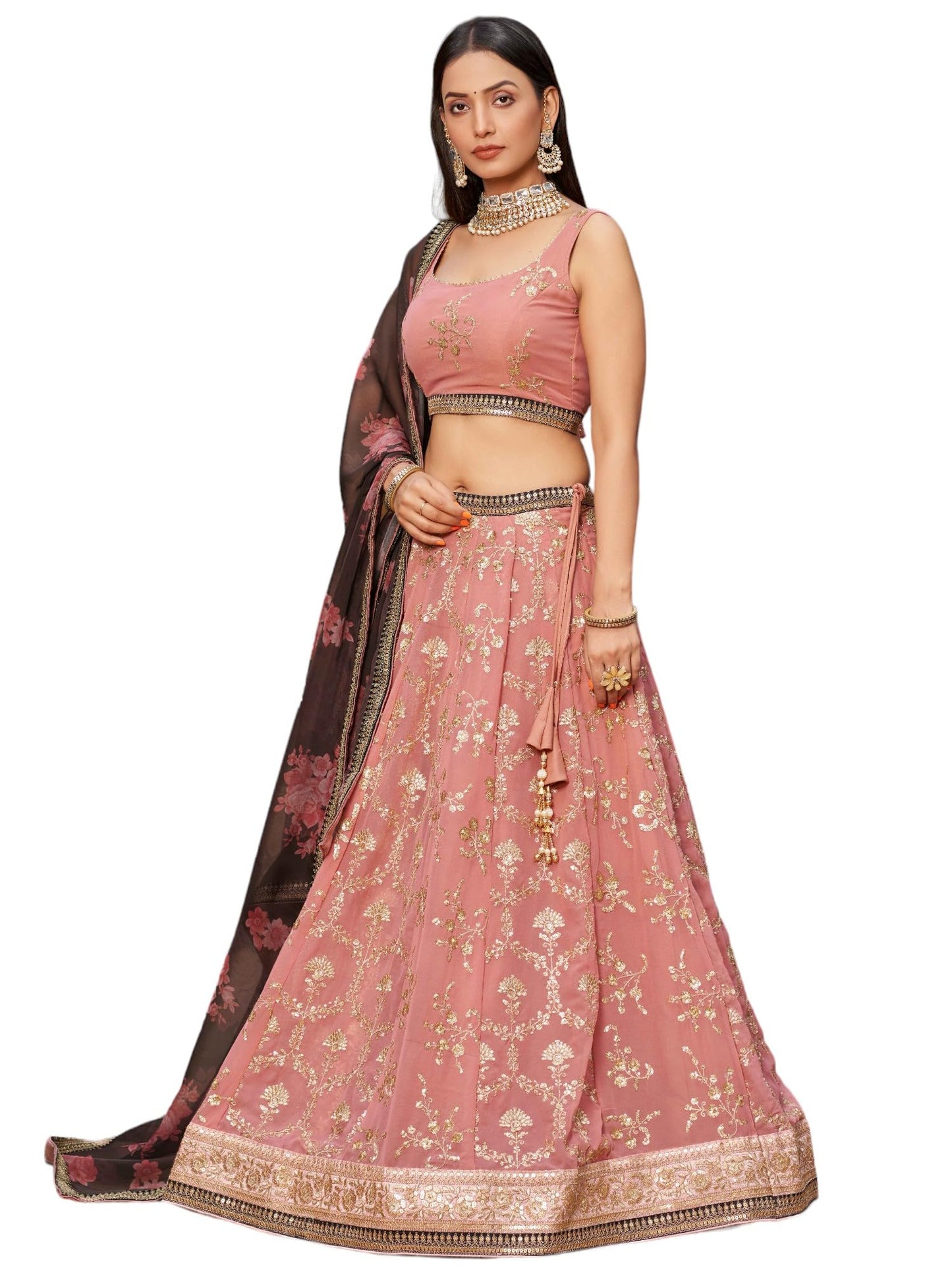 Zeel Clothing Women's Zari Sequins Embroidered Georgette Lehenga Choli With Dupatta (5086-Pink-Wedding-Stylish-New; Free Size)