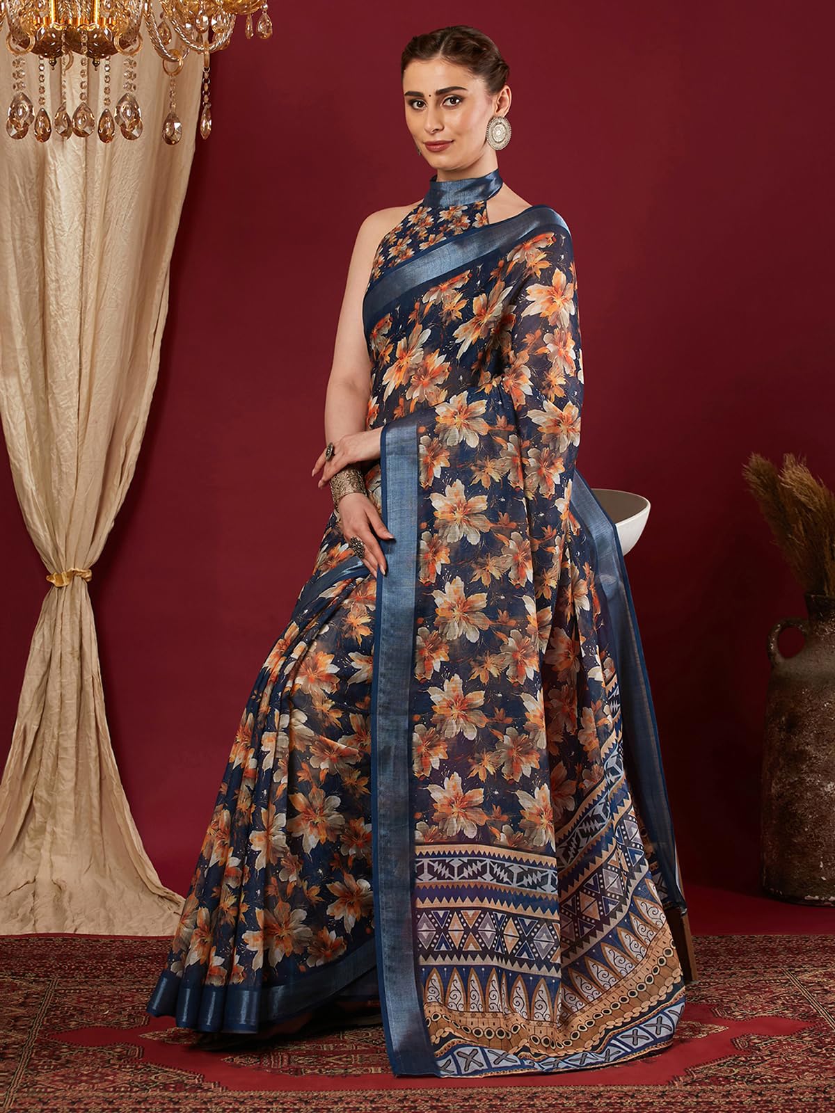 SIRIL Women's cotton Printed & Zari Border Saree With Unstitched Blouse Piece (4403S385A_Navy Blue)