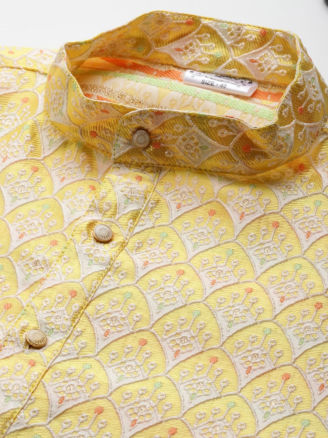 Luxrio Men's Silk Blend Jacquard Self Embroidered Textured Ethinc Motifs Traditional Long Kurta Full Sleeves Yellow Size L