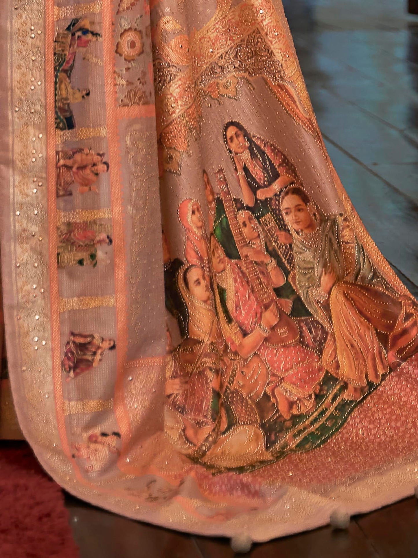 SAREE MALL Women's Botanical Printed Tassels and Latkans Banarasi Silk Saree With Unstiched Blouse Piece (Peach_PDMAVT695_RW)