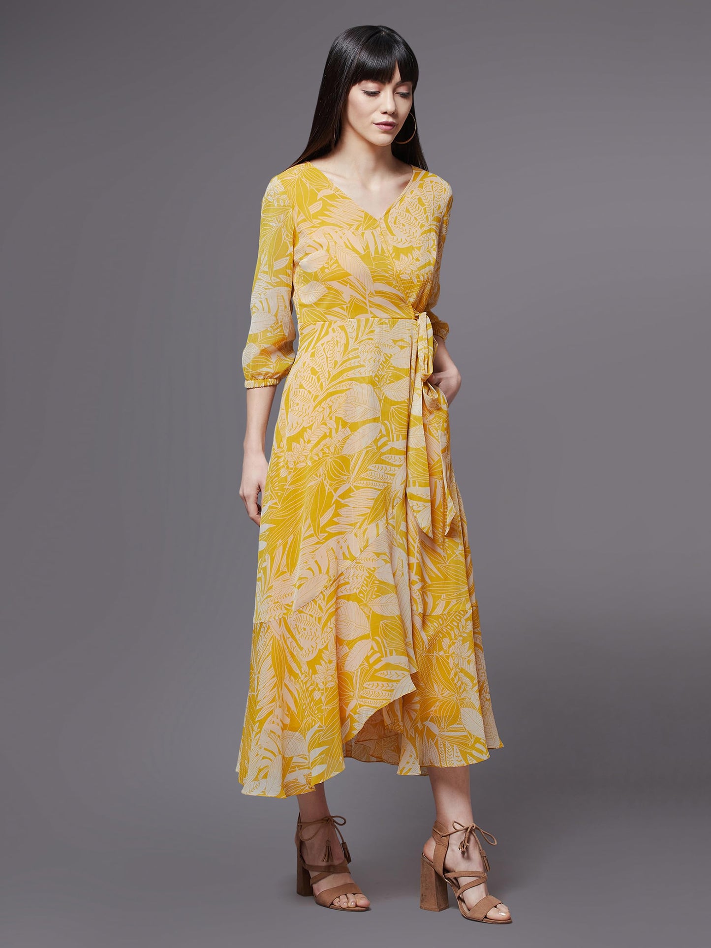 Miss Chase Women's Yellow & White V Neck Full Sleeve Floral Layered Maxi Dress (MCAW21D14-94-37-02, Yellow & White, XS)