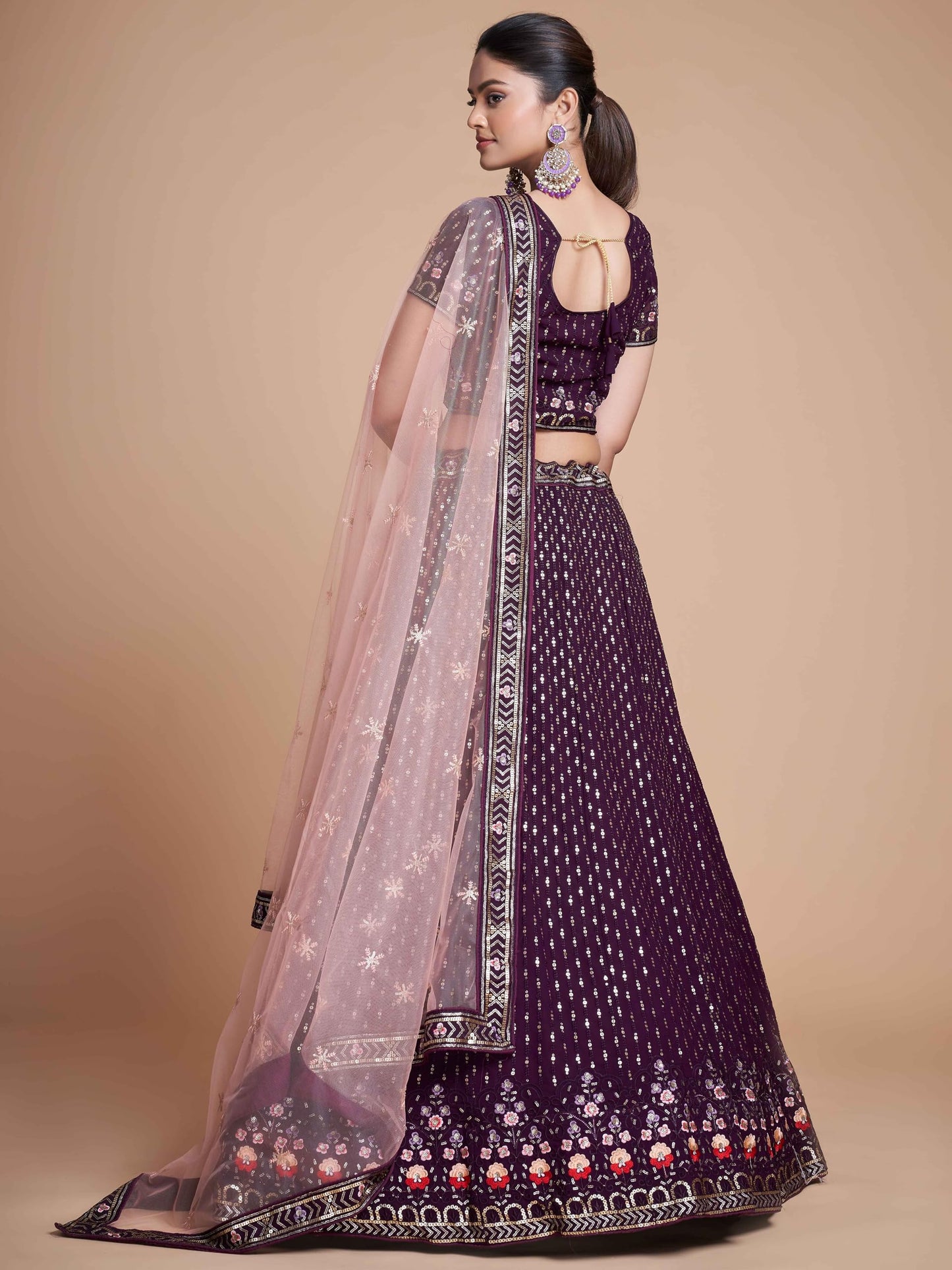 Zeel Clothing Women Sequins Thread Embroidered Georgette Semi-stitched Lehenga Choli With Dupatta (6021-Purple-Wedding-Stylish-Latest; Free Size)