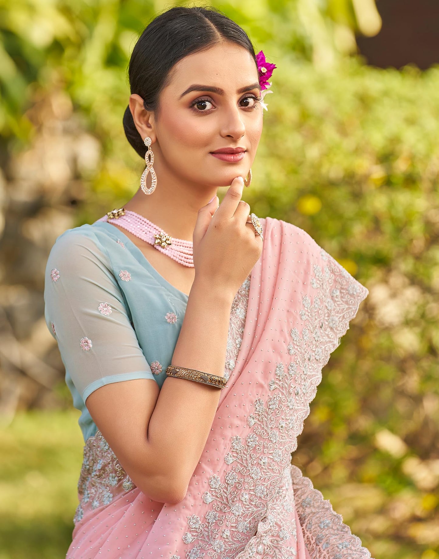 SIRIL Women's Georgette Embroidery Zari Work Saree With Unstitched Blouse Piece (3647S349_Baby Pink)