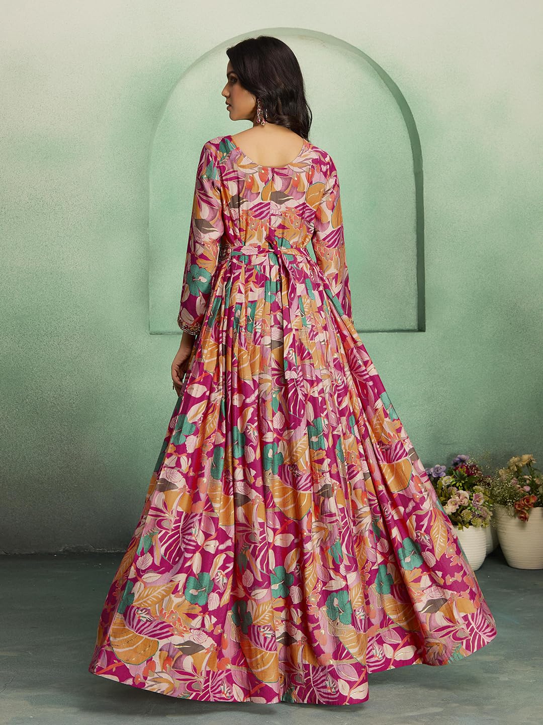 madhuram textiles Women's vetican Print with Hand Embroidery Work Anarkali Long Gown(M-2544 Pink_Medium)